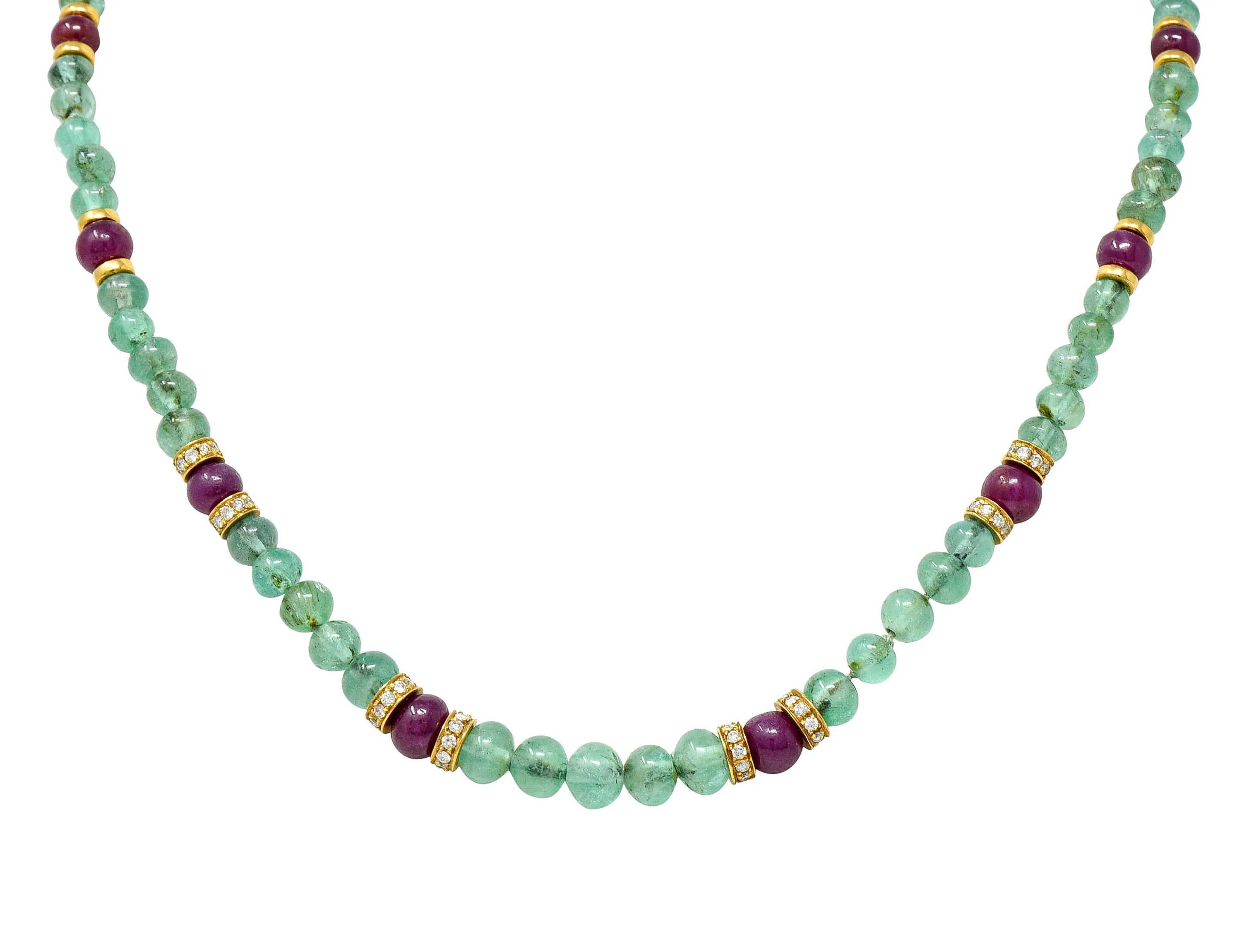 Vintage Diamond Ruby Emerald 18 Karat Gold Strand Necklace