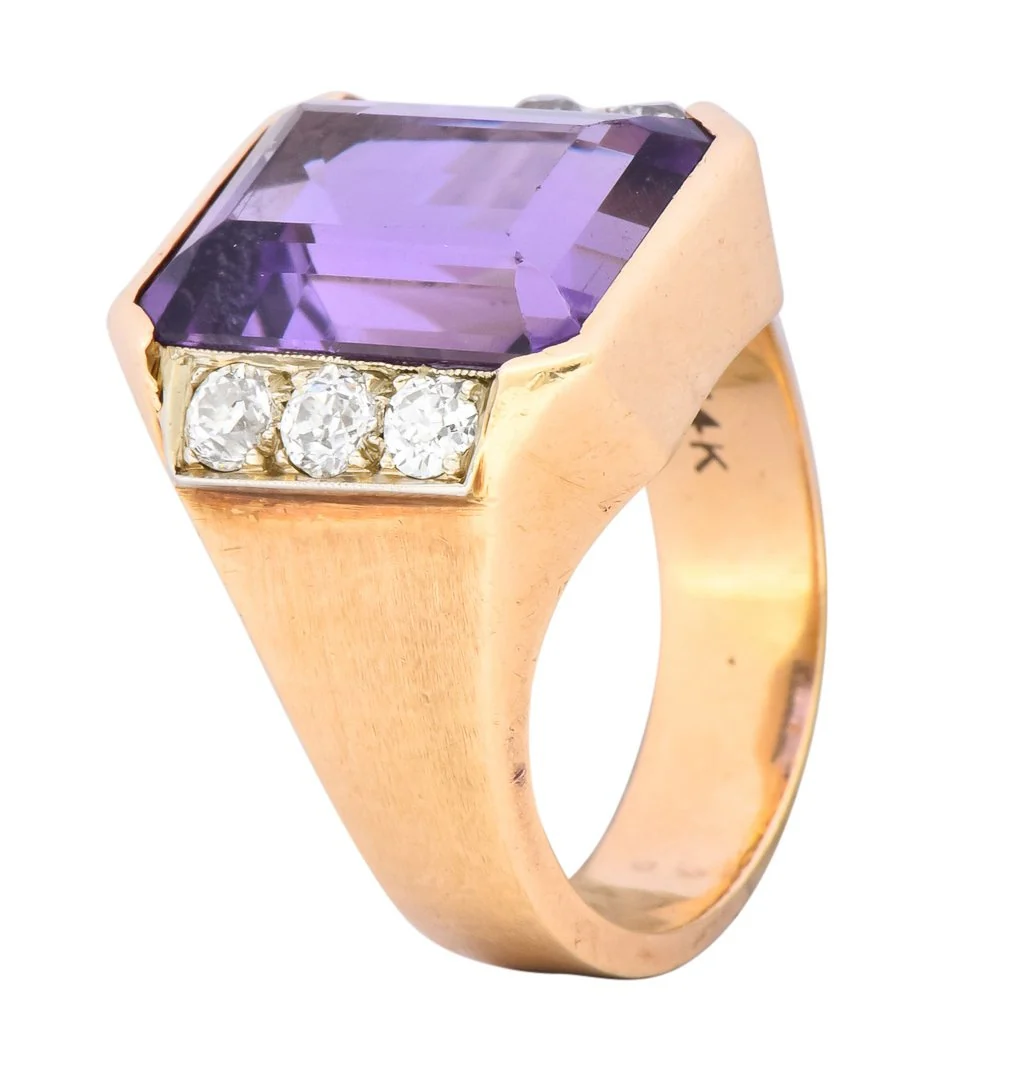 Vintage Emerald Cut Amethyst Diamond 14 Karat Gold Statement Ring - Image 8