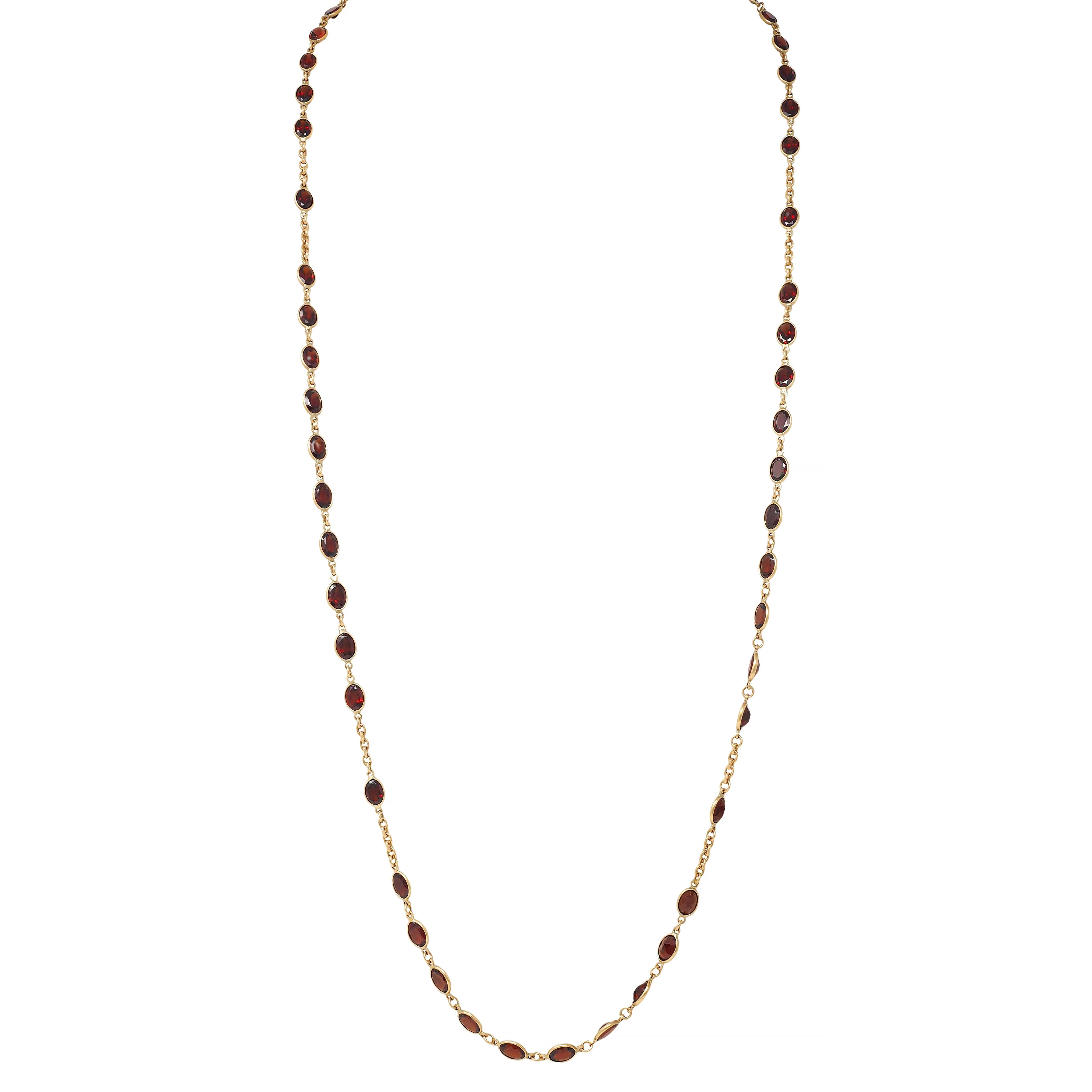 Vintage Garnet 14 Karat Yellow Gold Bezel Link Chain Necklace - Image 5