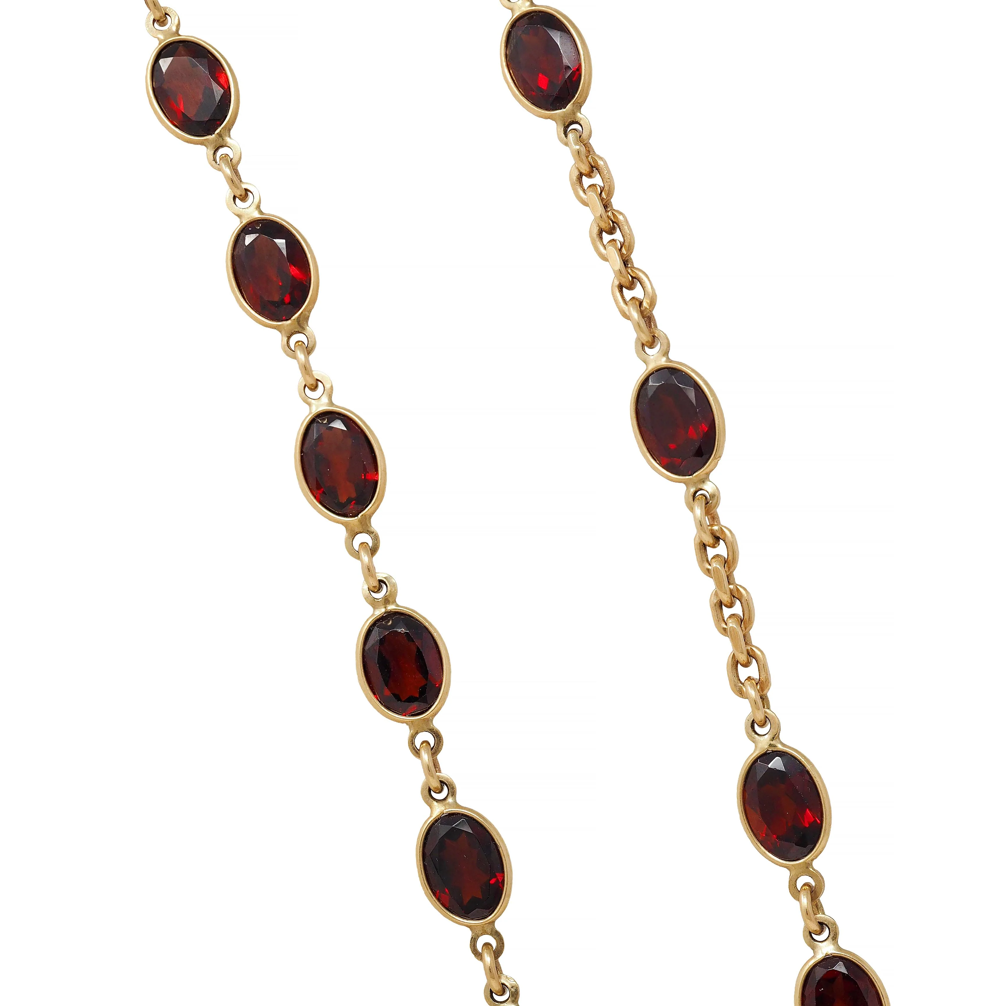 Vintage Garnet 14 Karat Yellow Gold Bezel Link Chain Necklace - Image 7