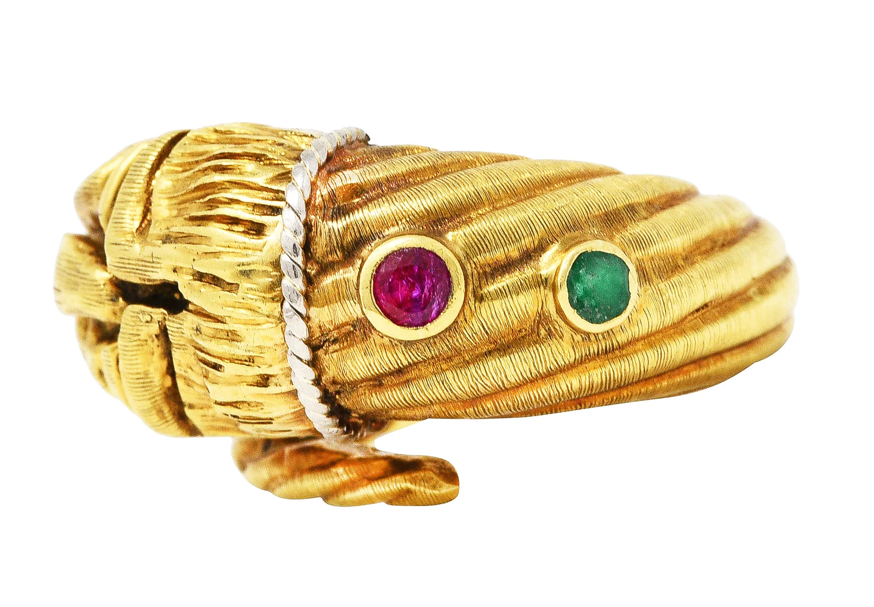 Vintage Lalaounis Ruby Emerald 18 Karat Two-Tone Gold Greek Lion Head Bypass Ring - Image 2