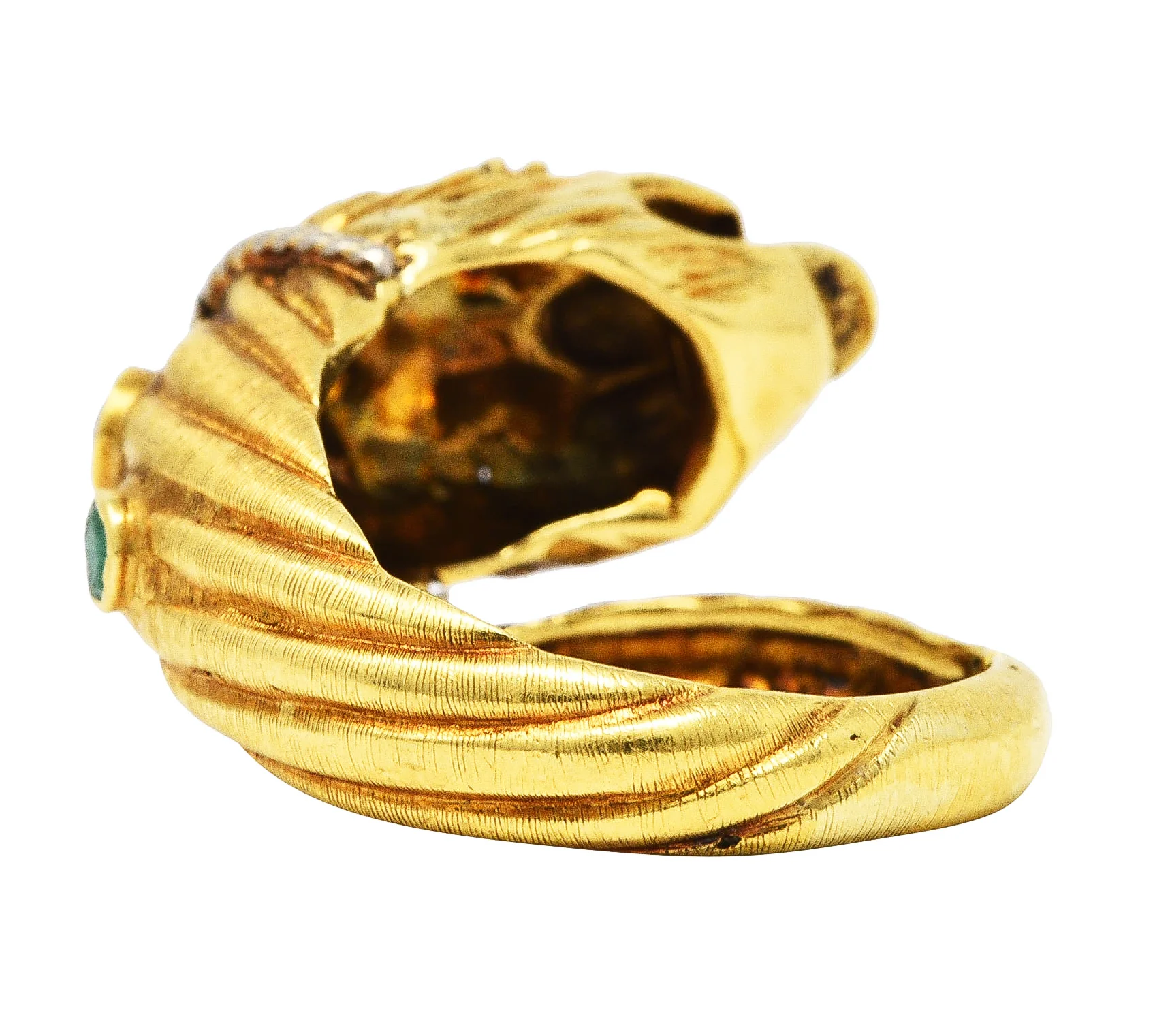 Vintage Lalaounis Ruby Emerald 18 Karat Two-Tone Gold Greek Lion Head Bypass Ring - Image 3