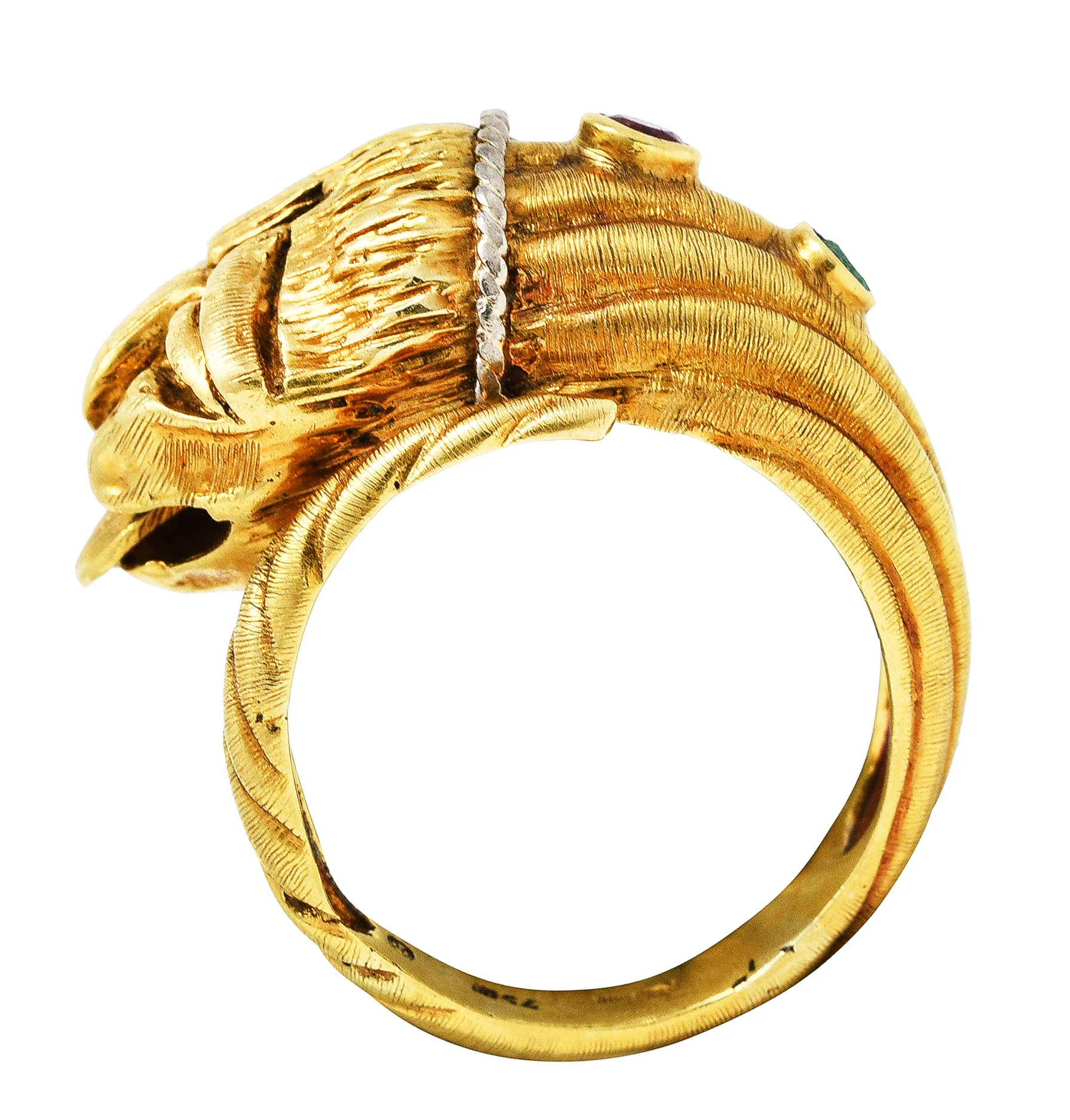 Vintage Lalaounis Ruby Emerald 18 Karat Two-Tone Gold Greek Lion Head Bypass Ring - Image 6
