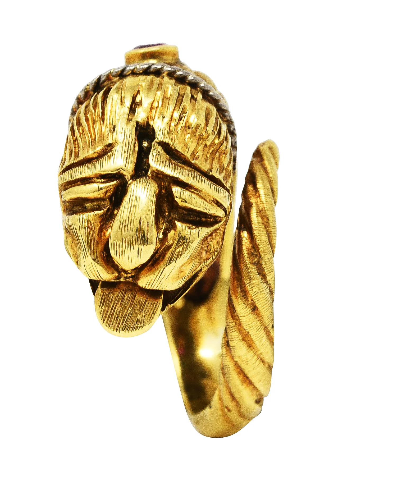 Vintage Lalaounis Ruby Emerald 18 Karat Two-Tone Gold Greek Lion Head Bypass Ring - Image 7