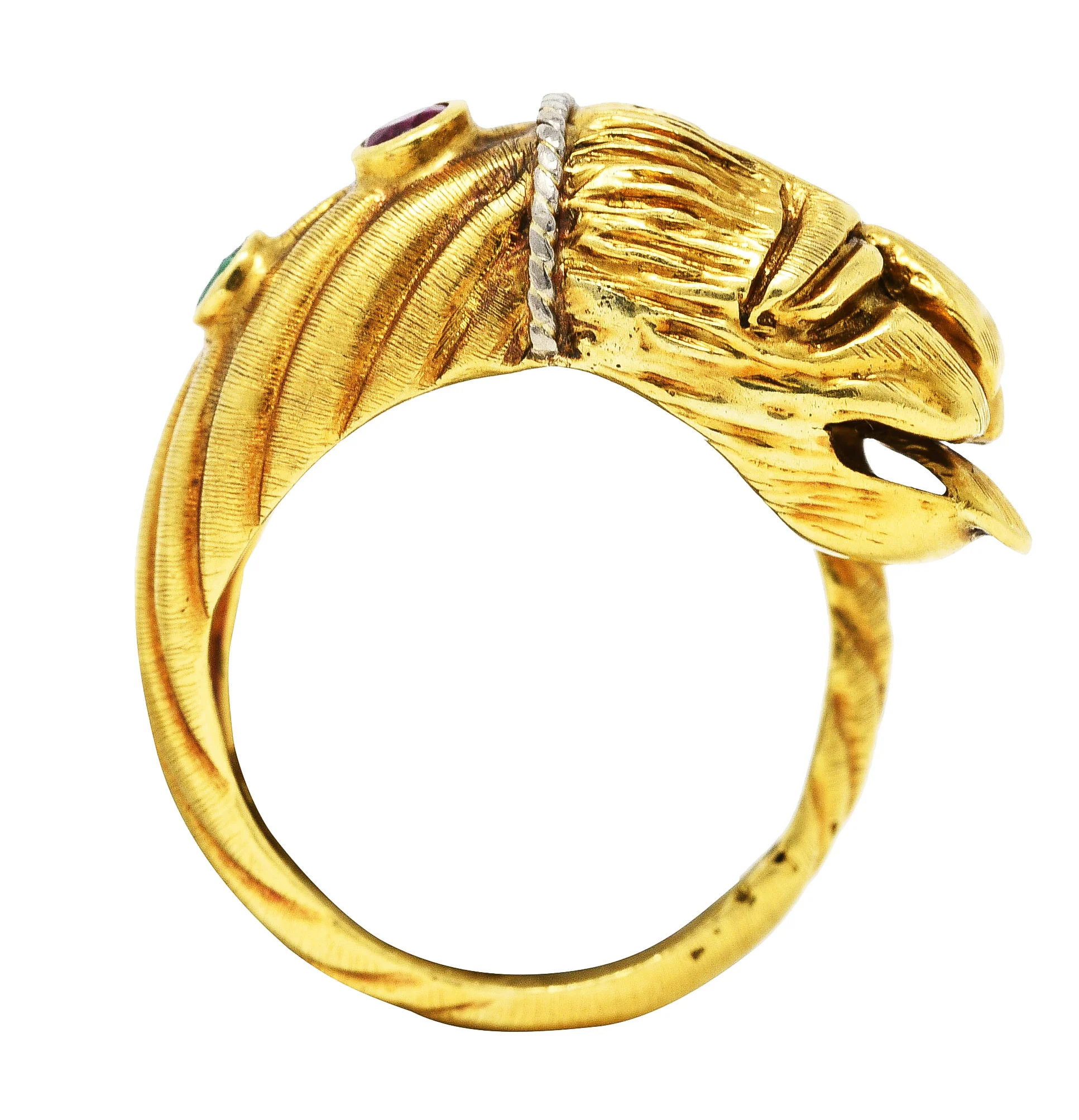 Vintage Lalaounis Ruby Emerald 18 Karat Two-Tone Gold Greek Lion Head Bypass Ring - Image 8