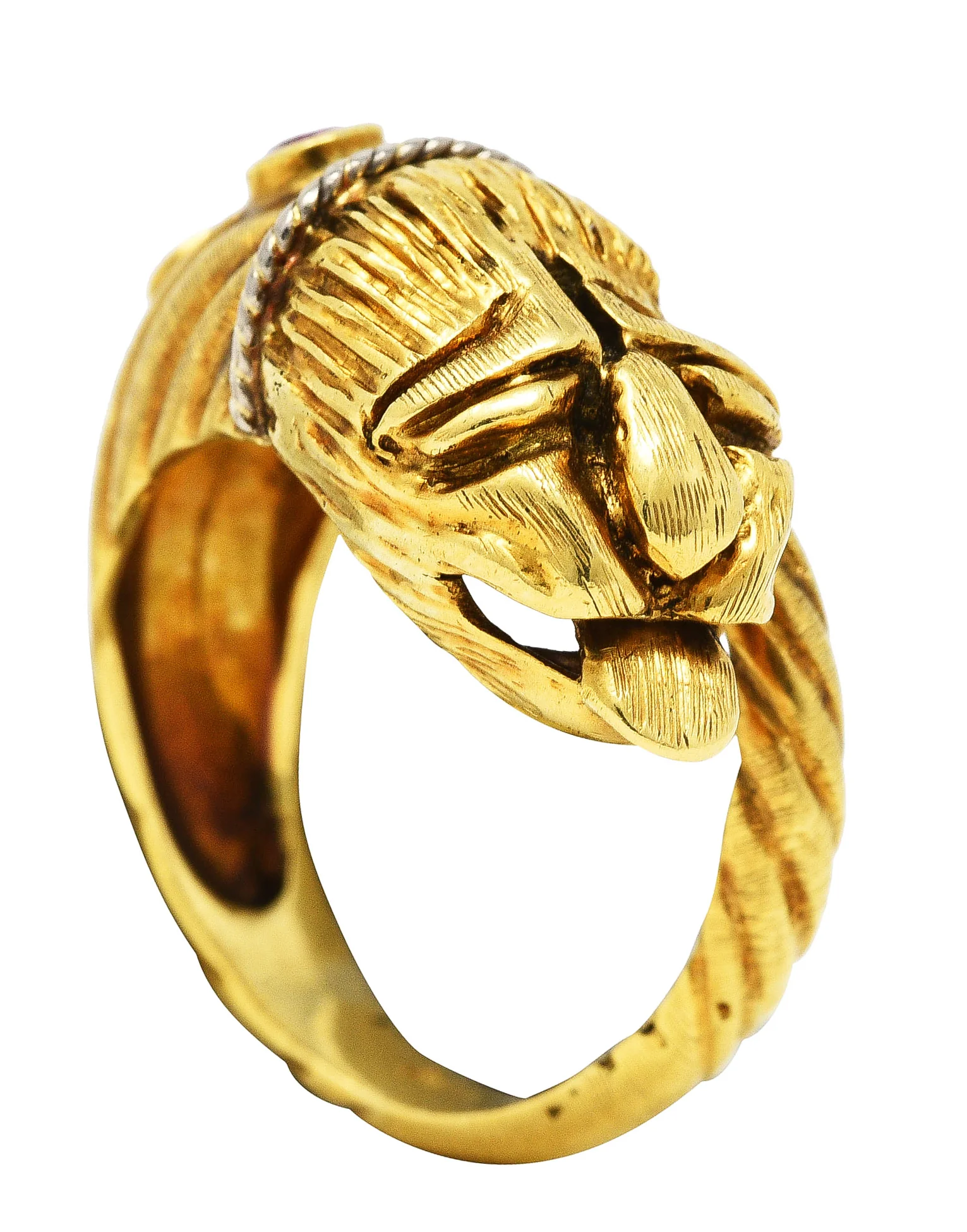 Vintage Lalaounis Ruby Emerald 18 Karat Two-Tone Gold Greek Lion Head Bypass Ring - Image 9