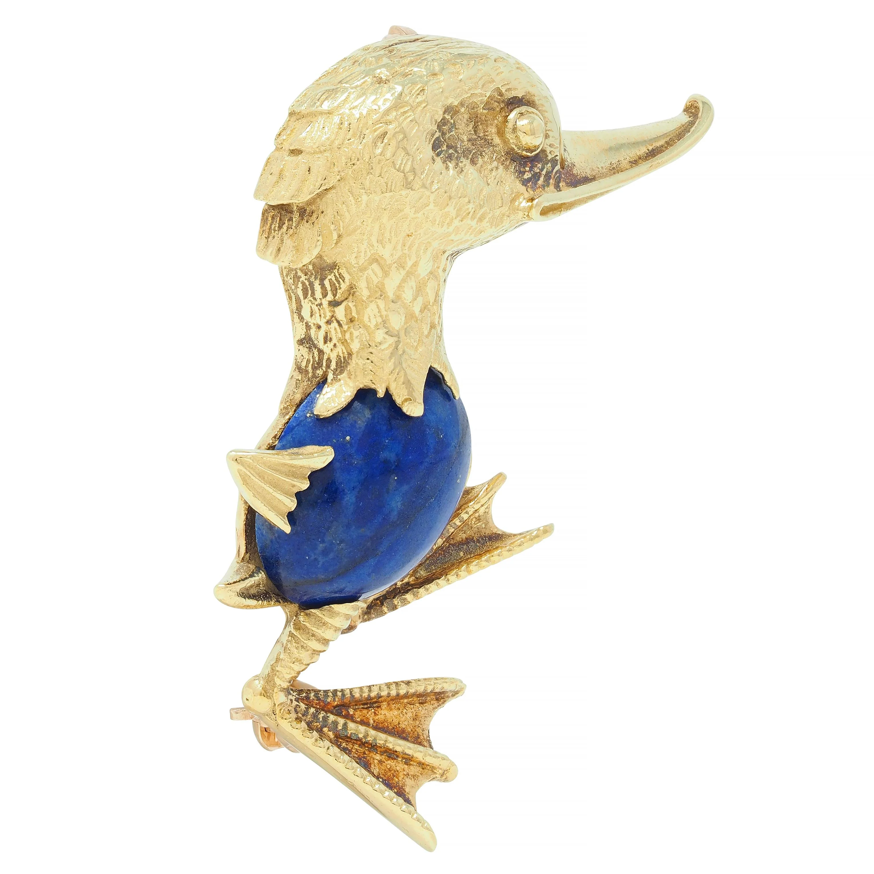 Vintage Lapis Lazuli 18 Karat Yellow Gold Whimsical Duck Brooch - Image 2