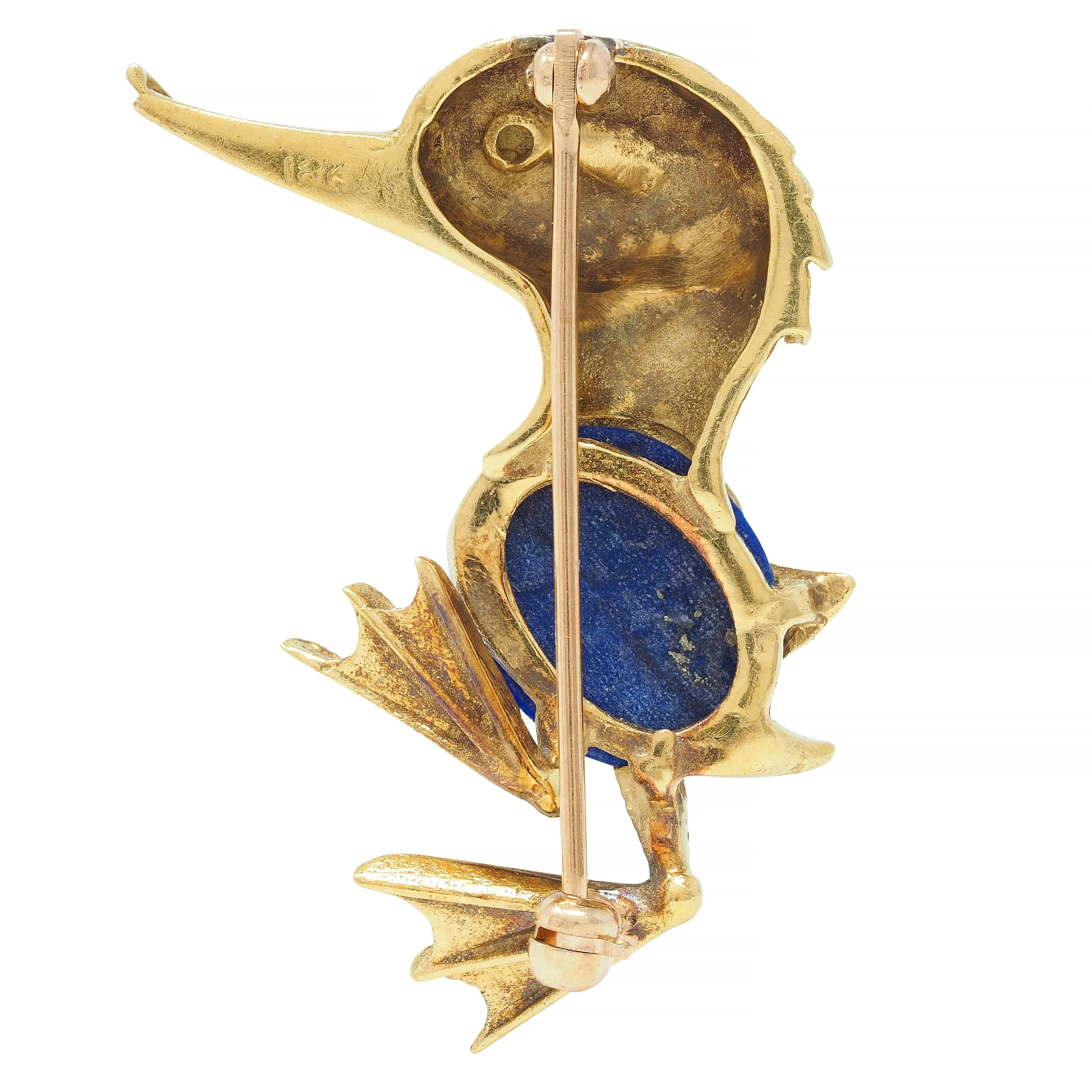 Vintage Lapis Lazuli 18 Karat Yellow Gold Whimsical Duck Brooch - Image 3