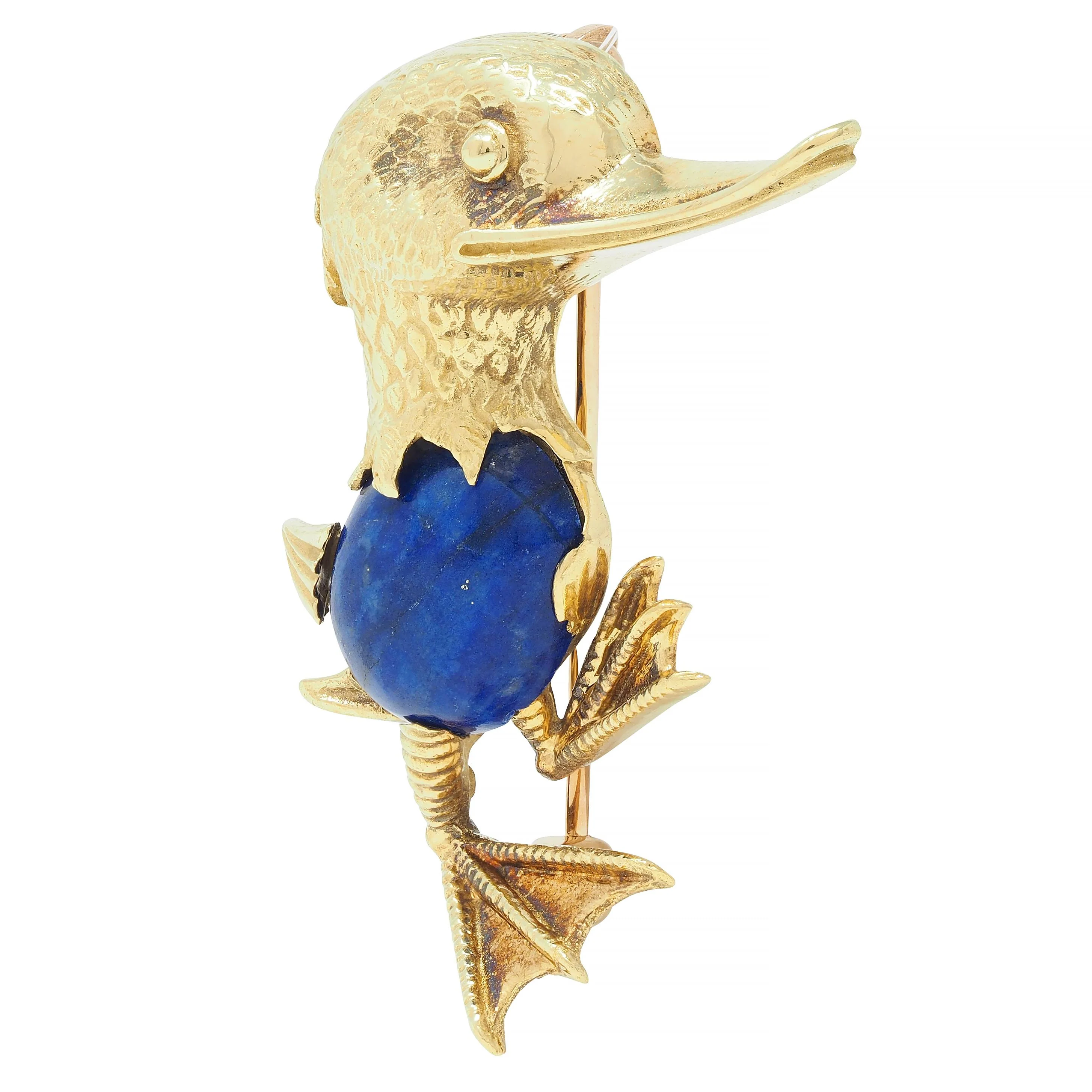 Vintage Lapis Lazuli 18 Karat Yellow Gold Whimsical Duck Brooch - Image 4