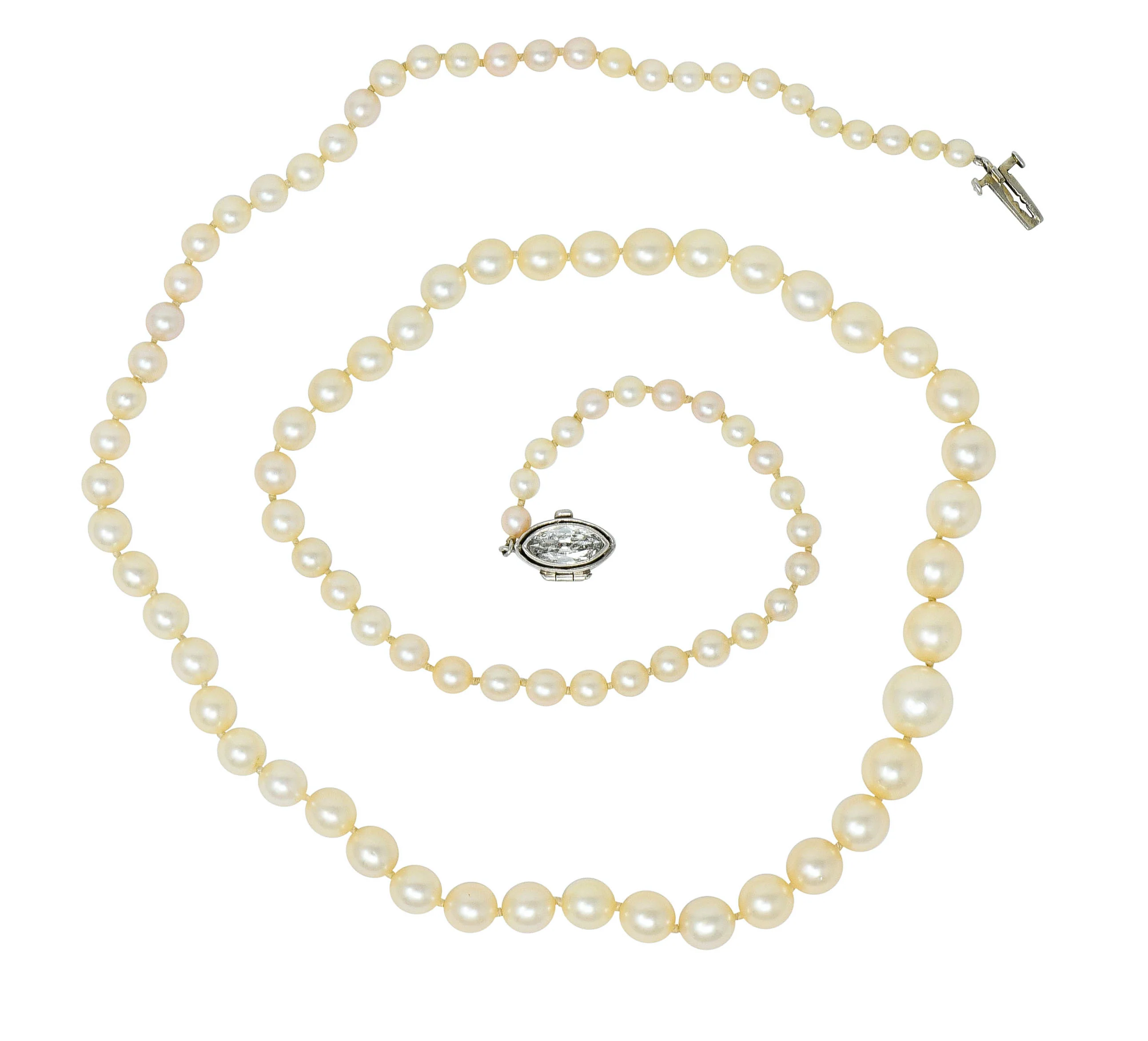 Vintage Marquise Diamond Platinum Graduated Pearl Strand Necklace - Image 2
