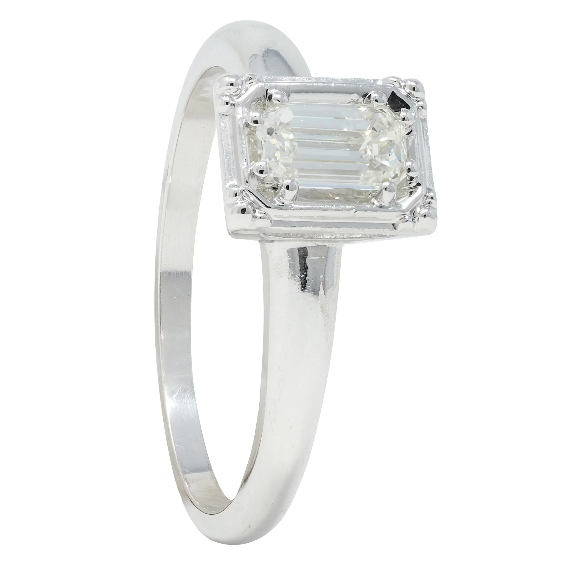 Vintage Mid-Century Emerald Cut Diamond 14 Karat White Gold Engagement Ring - Image 10