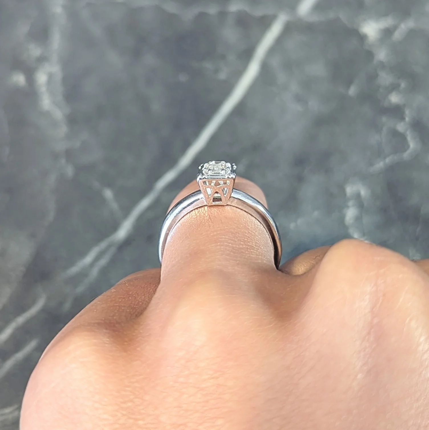Vintage Mid-Century Emerald Cut Diamond 14 Karat White Gold Engagement Ring - Image 15