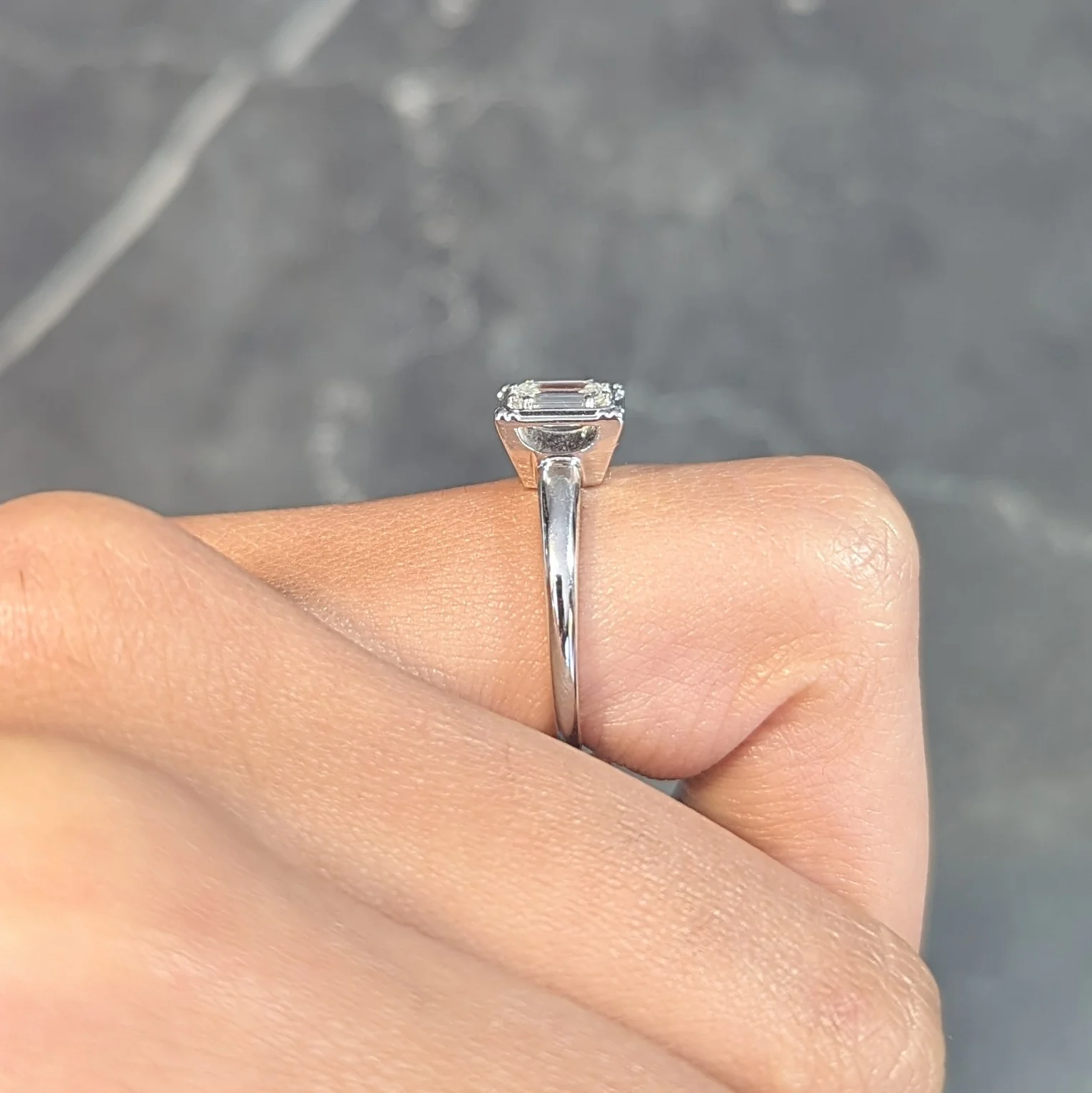 Vintage Mid-Century Emerald Cut Diamond 14 Karat White Gold Engagement Ring - Image 16