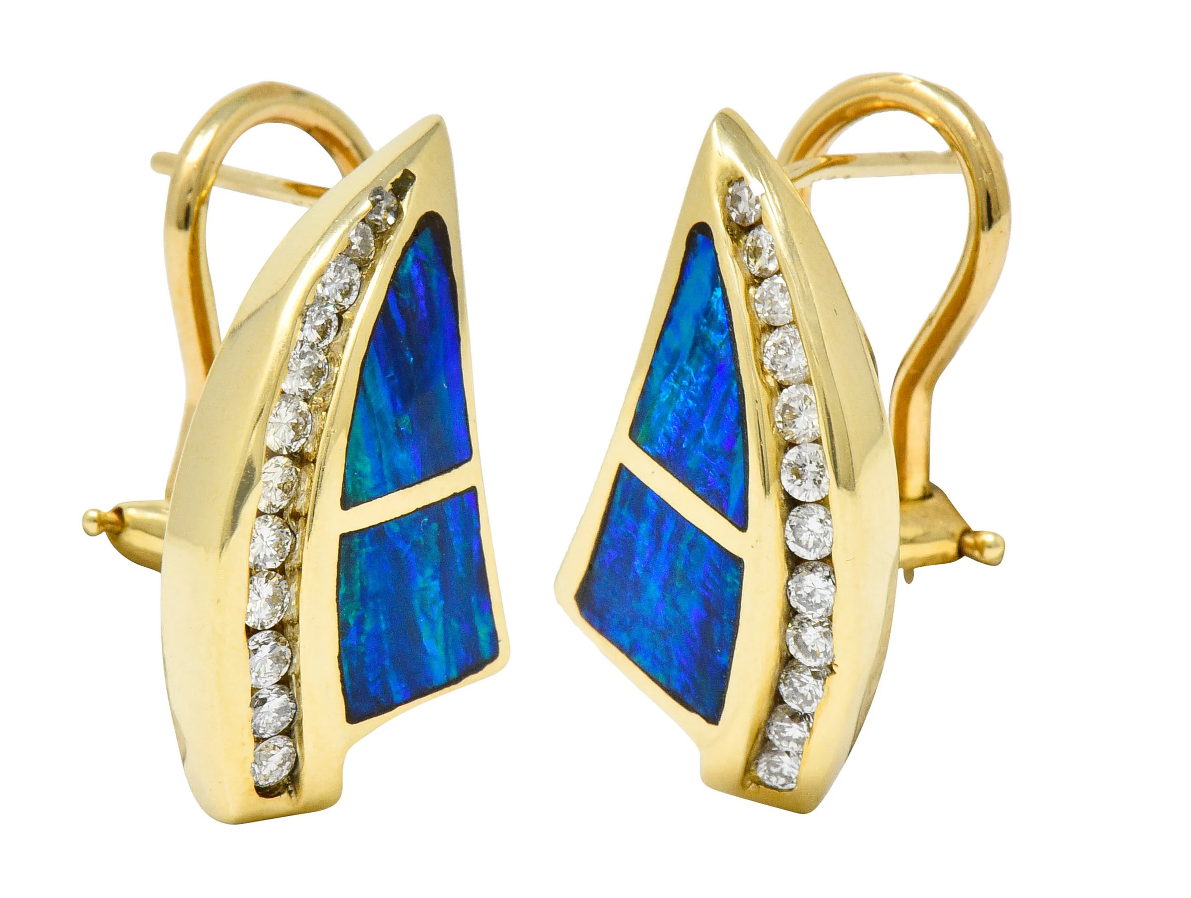 Vintage Opal Inlay 0.50 CTW Diamond 14 Karat Gold Earrings - Image 6