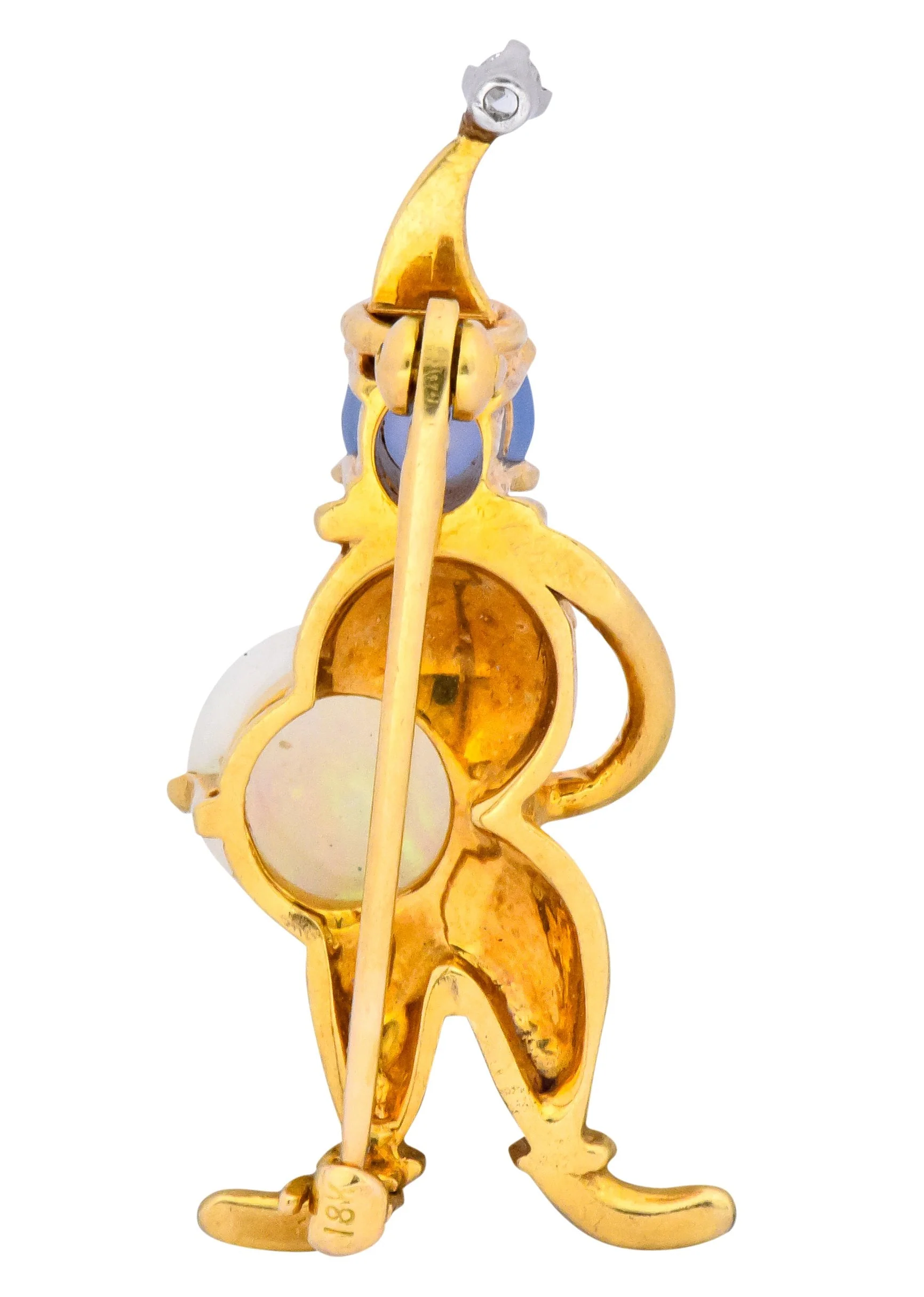 Vintage Opal Sapphire Diamond 18 Karat Gold Jester Brooch - Image 3