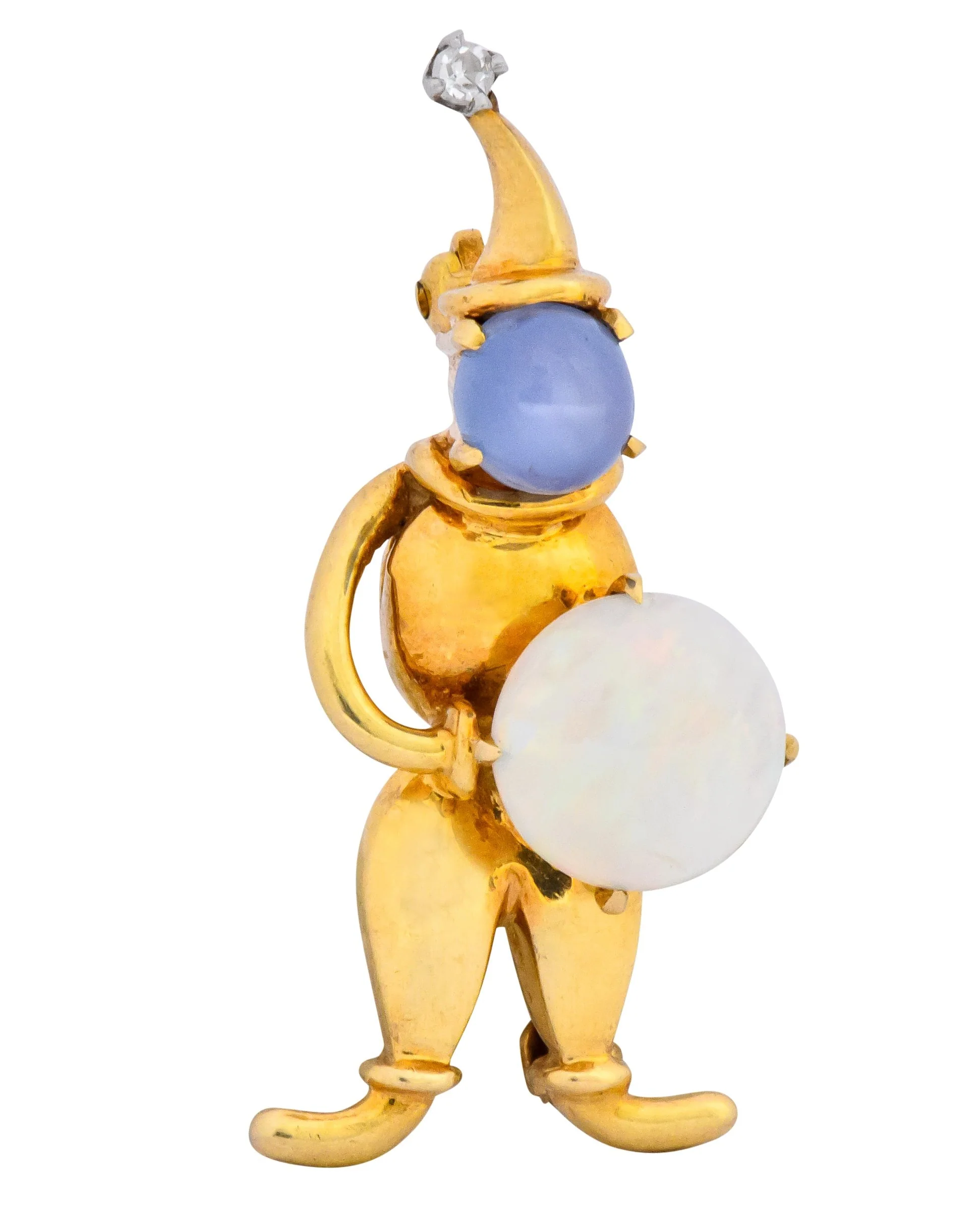 Vintage Opal Sapphire Diamond 18 Karat Gold Jester Brooch - Image 4