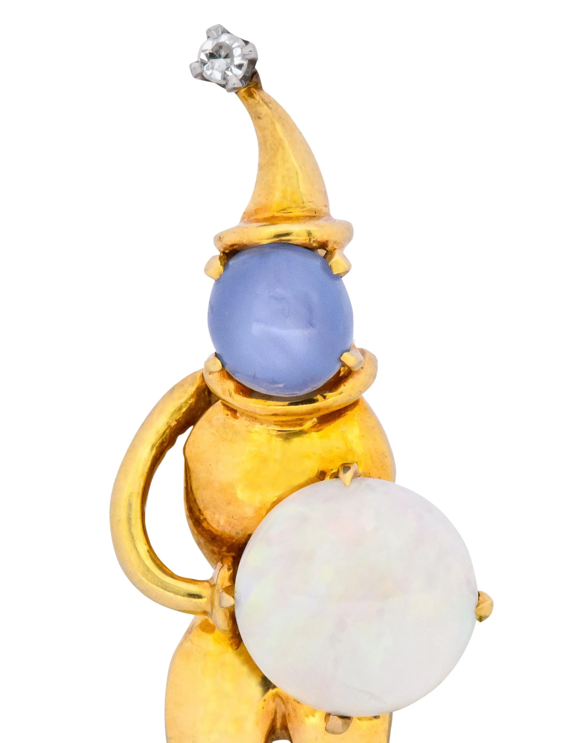 Vintage Opal Sapphire Diamond 18 Karat Gold Jester Brooch - Image 5