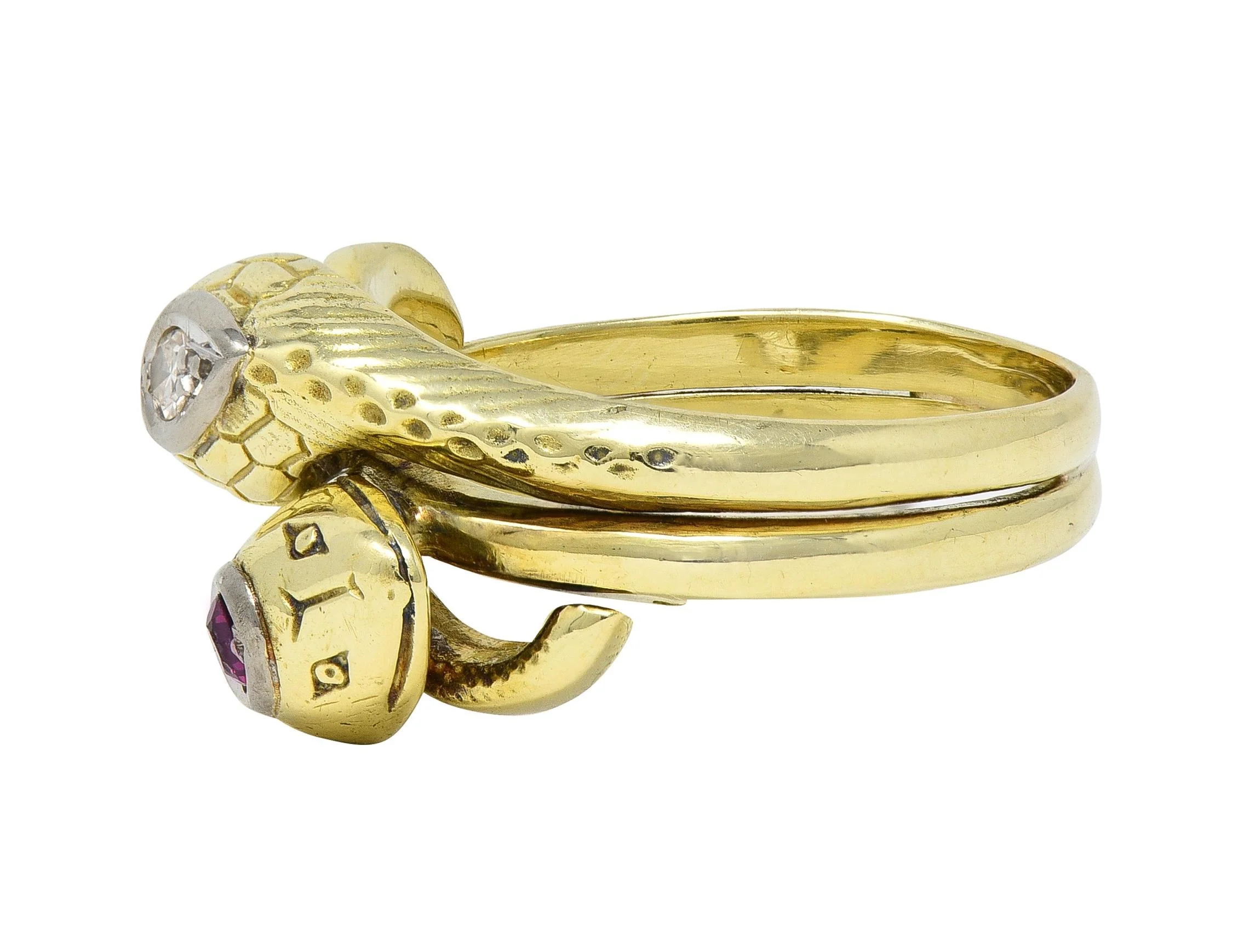 Vintage Ruby Diamond 14 Karat Two-Tone Gold Lovers Knot Unisex Snake Band Ring - Image 4