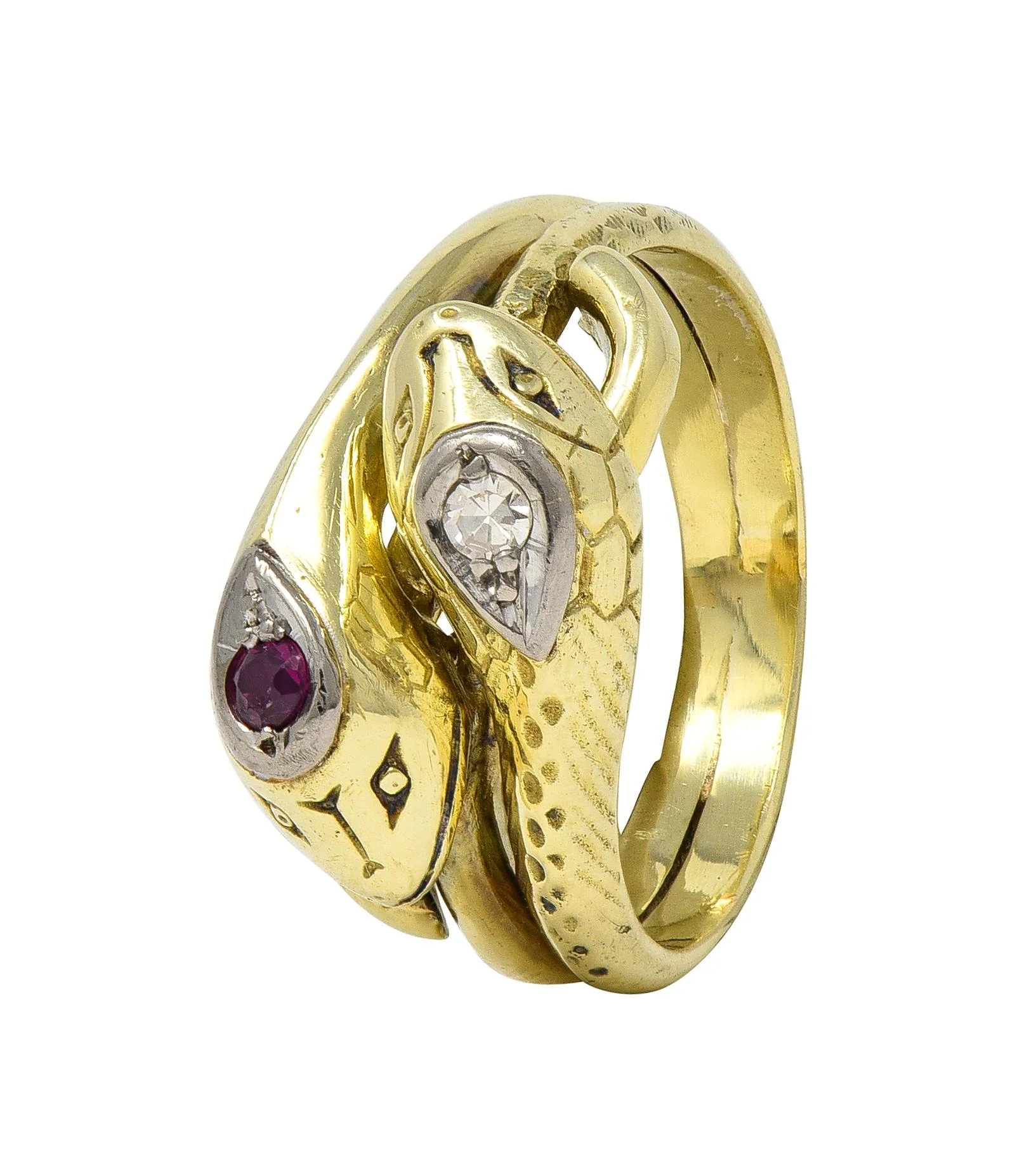 Vintage Ruby Diamond 14 Karat Two-Tone Gold Lovers Knot Unisex Snake Band Ring - Image 9
