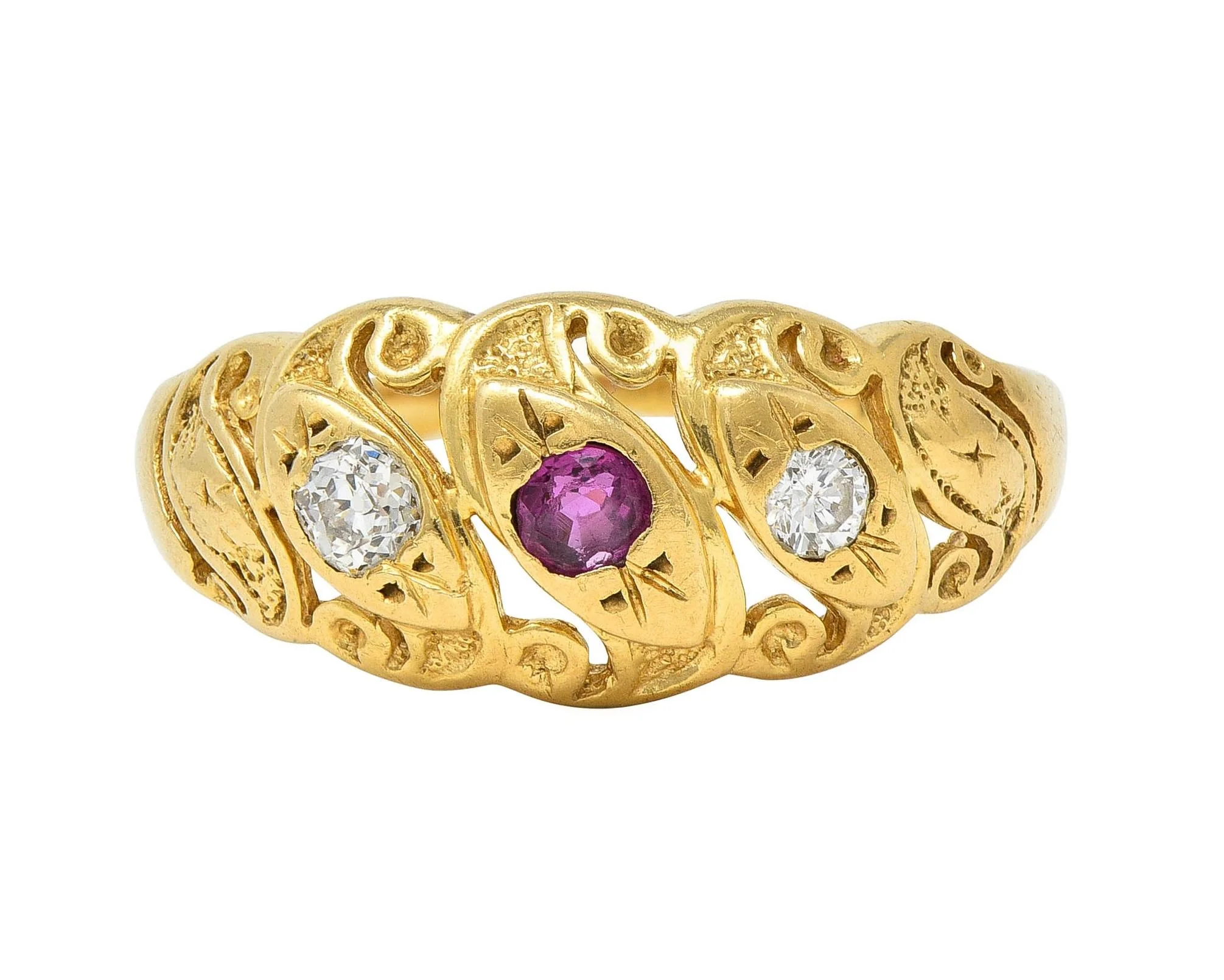 Vintage Ruby Diamond 14 Karat Yellow Gold Triple Snake Band Ring