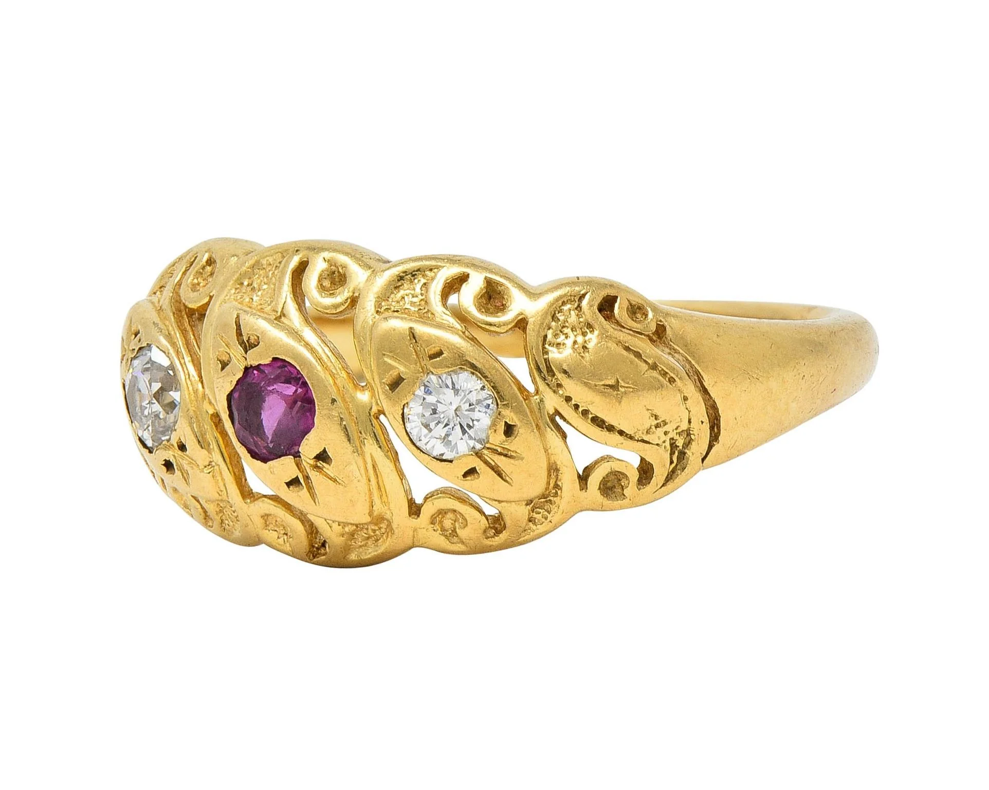 Vintage Ruby Diamond 14 Karat Yellow Gold Triple Snake Band Ring - Image 6
