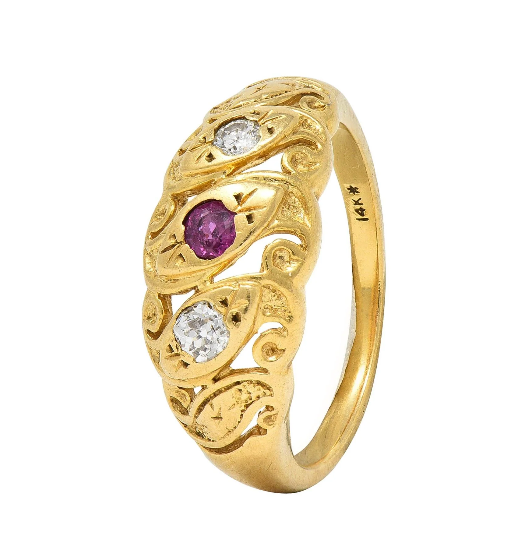 Vintage Ruby Diamond 14 Karat Yellow Gold Triple Snake Band Ring - Image 8