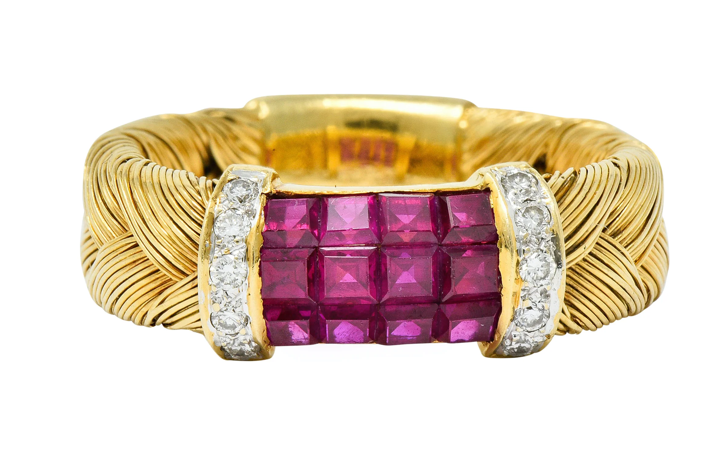 Vintage Ruby Diamond 18 Karat Gold Wheat Band Ring