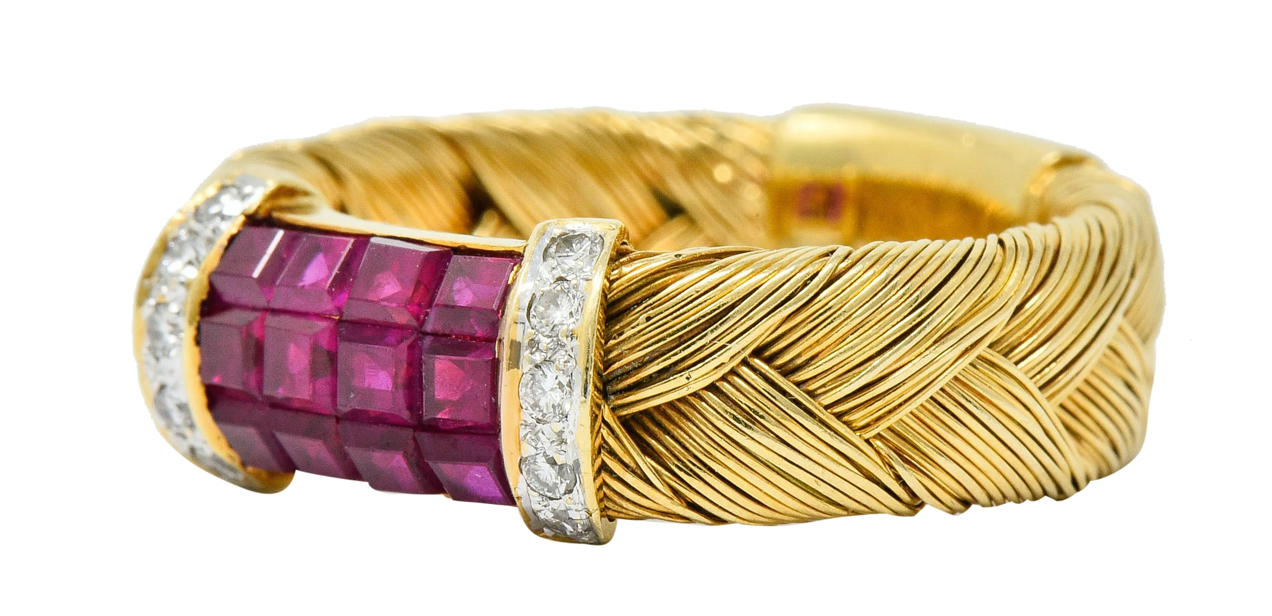 Vintage Ruby Diamond 18 Karat Gold Wheat Band Ring - Image 6