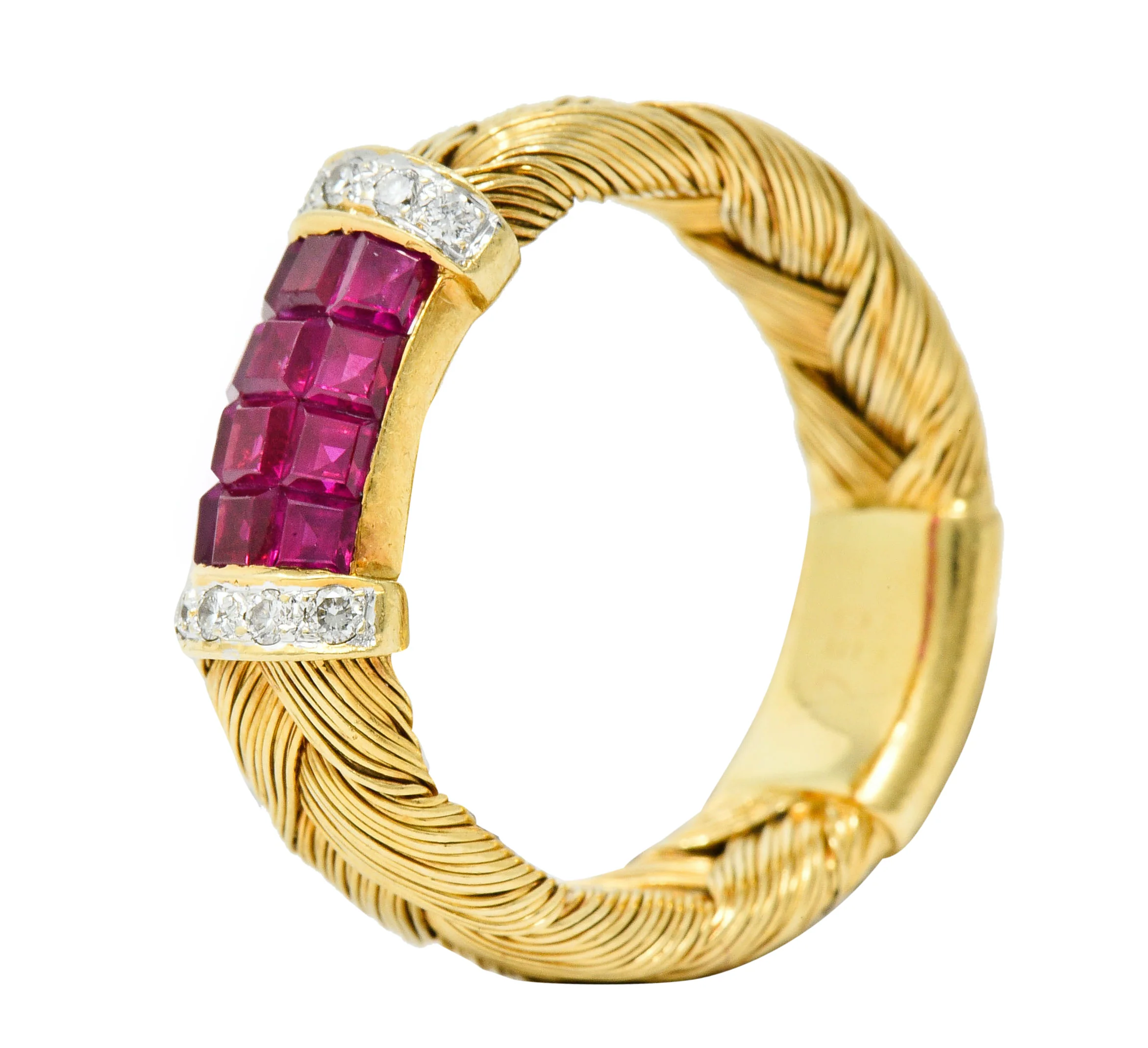 Vintage Ruby Diamond 18 Karat Gold Wheat Band Ring - Image 8