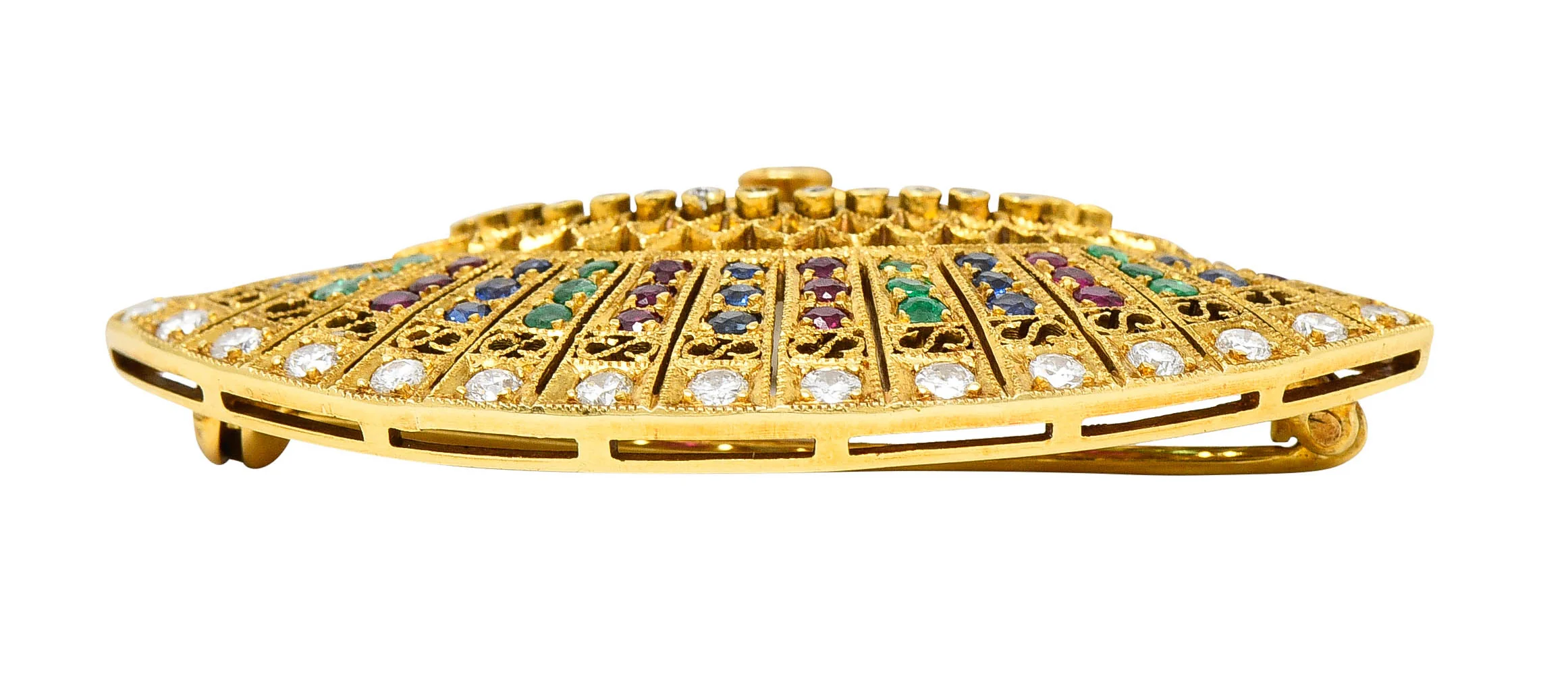 Vintage Sapphire Diamond Ruby Emerald 18 Karat Gold Fan Brooch - Image 3