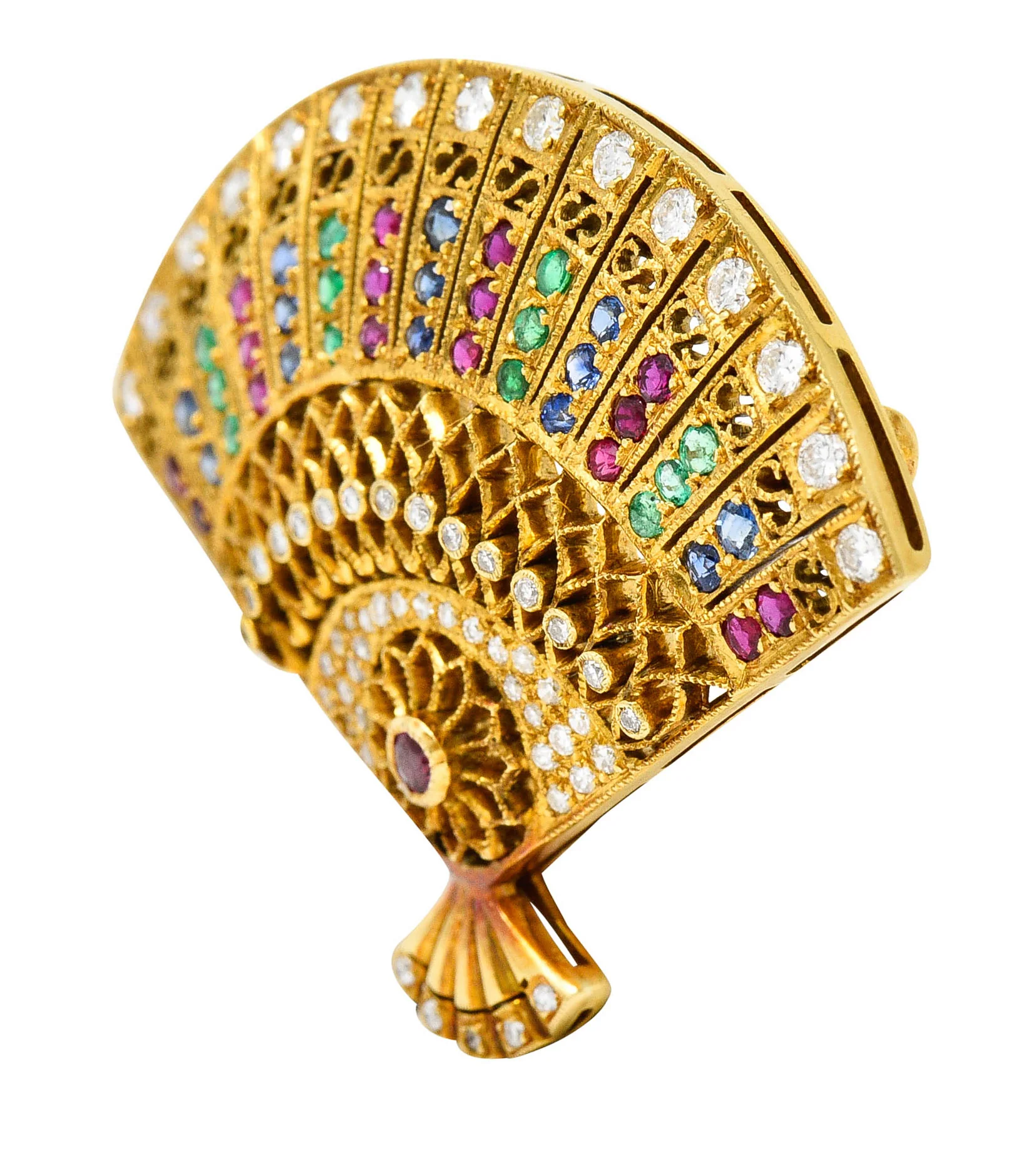 Vintage Sapphire Diamond Ruby Emerald 18 Karat Gold Fan Brooch - Image 6