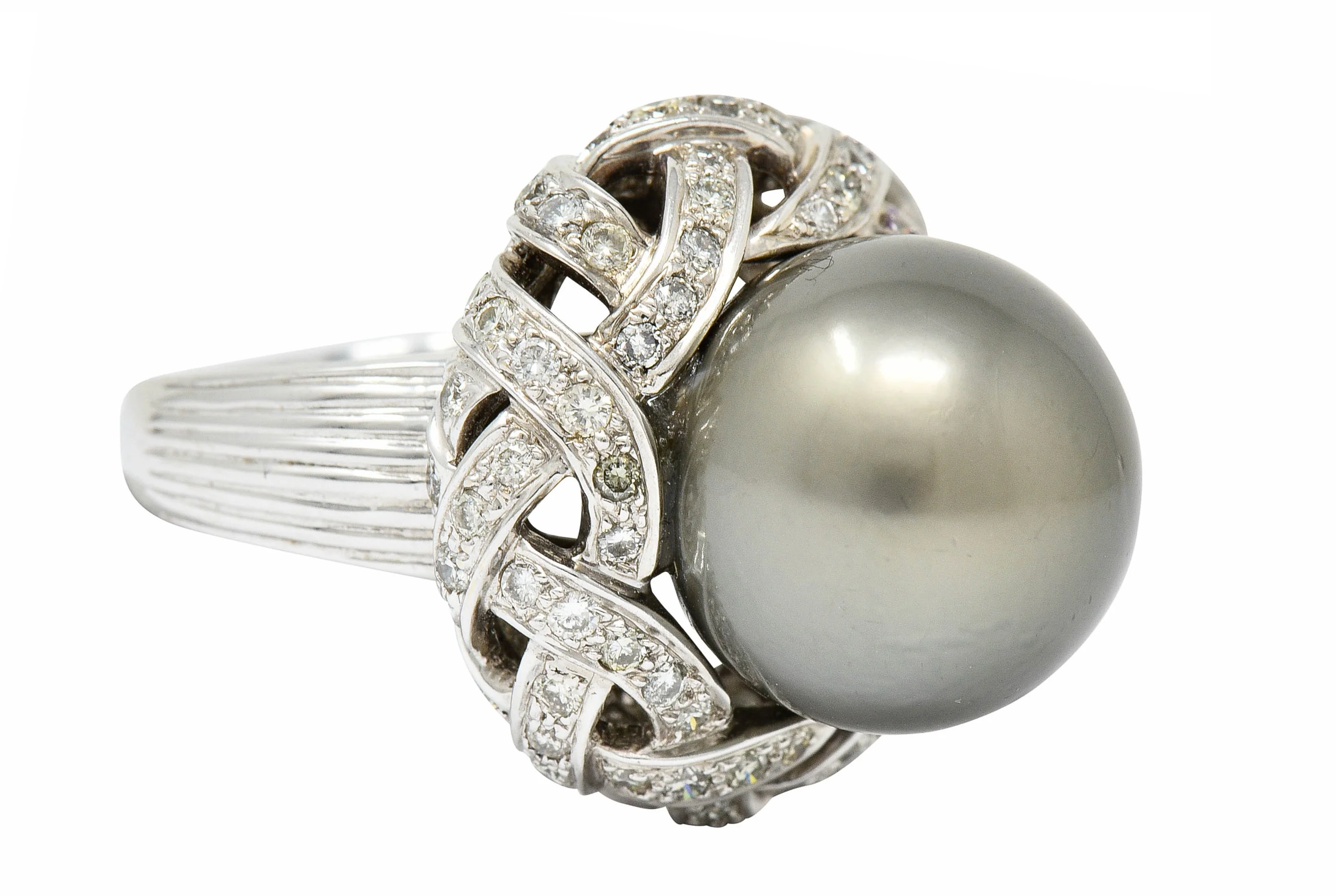 Vintage South Sea Tahitian Pearl 2.00 CTW Diamond 18 Karat White Gold Statement Ring - Image 2