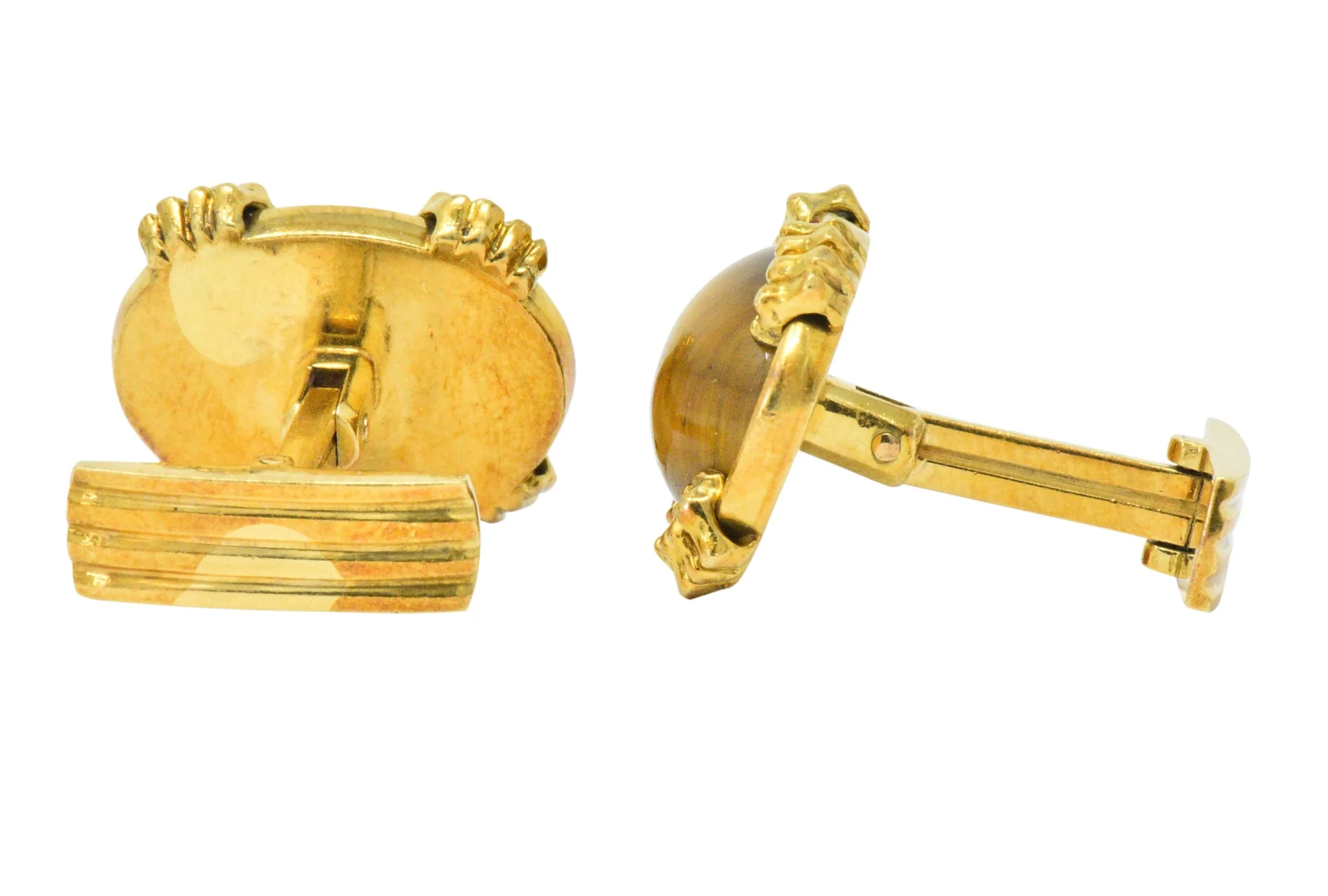 Vintage Tiger's Eye Cabochon 18 Karat Gold Clawed Men's Cufflinks - Image 3
