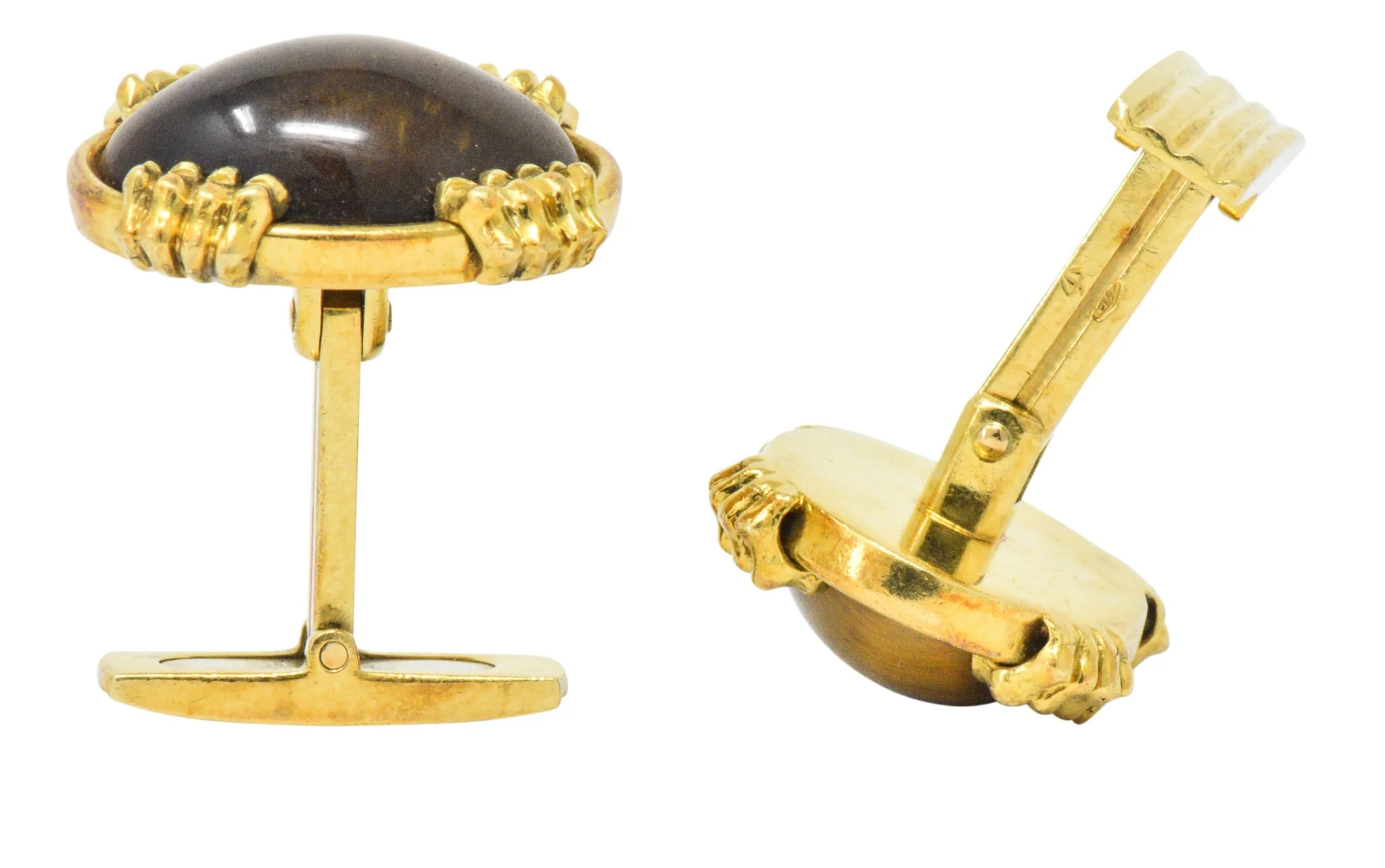 Vintage Tiger's Eye Cabochon 18 Karat Gold Clawed Men's Cufflinks - Image 4