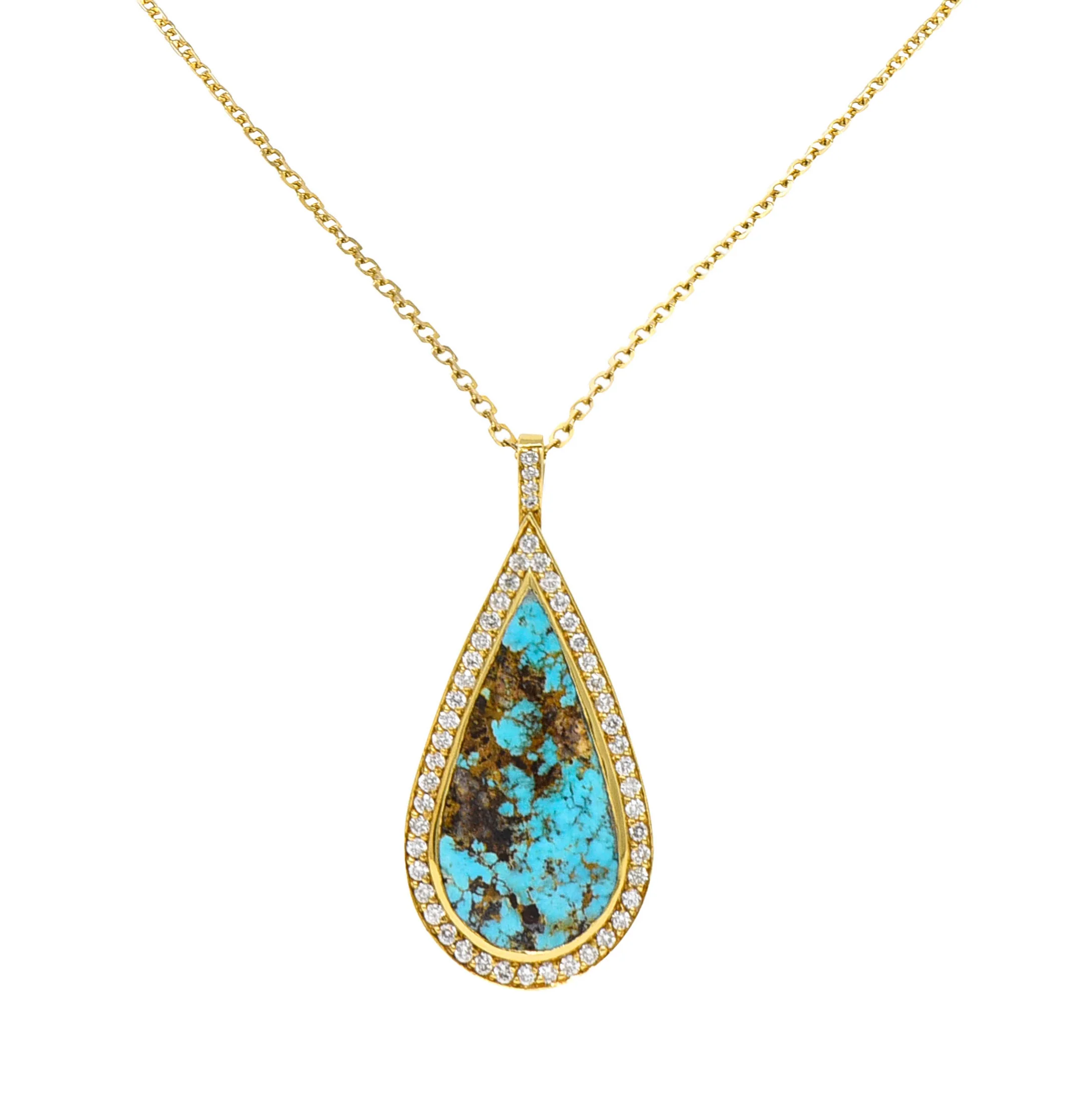 Vintage Turquoise 1.25 CTW Diamond 18 Karat Gold Drop Pendant Necklace - Image 10