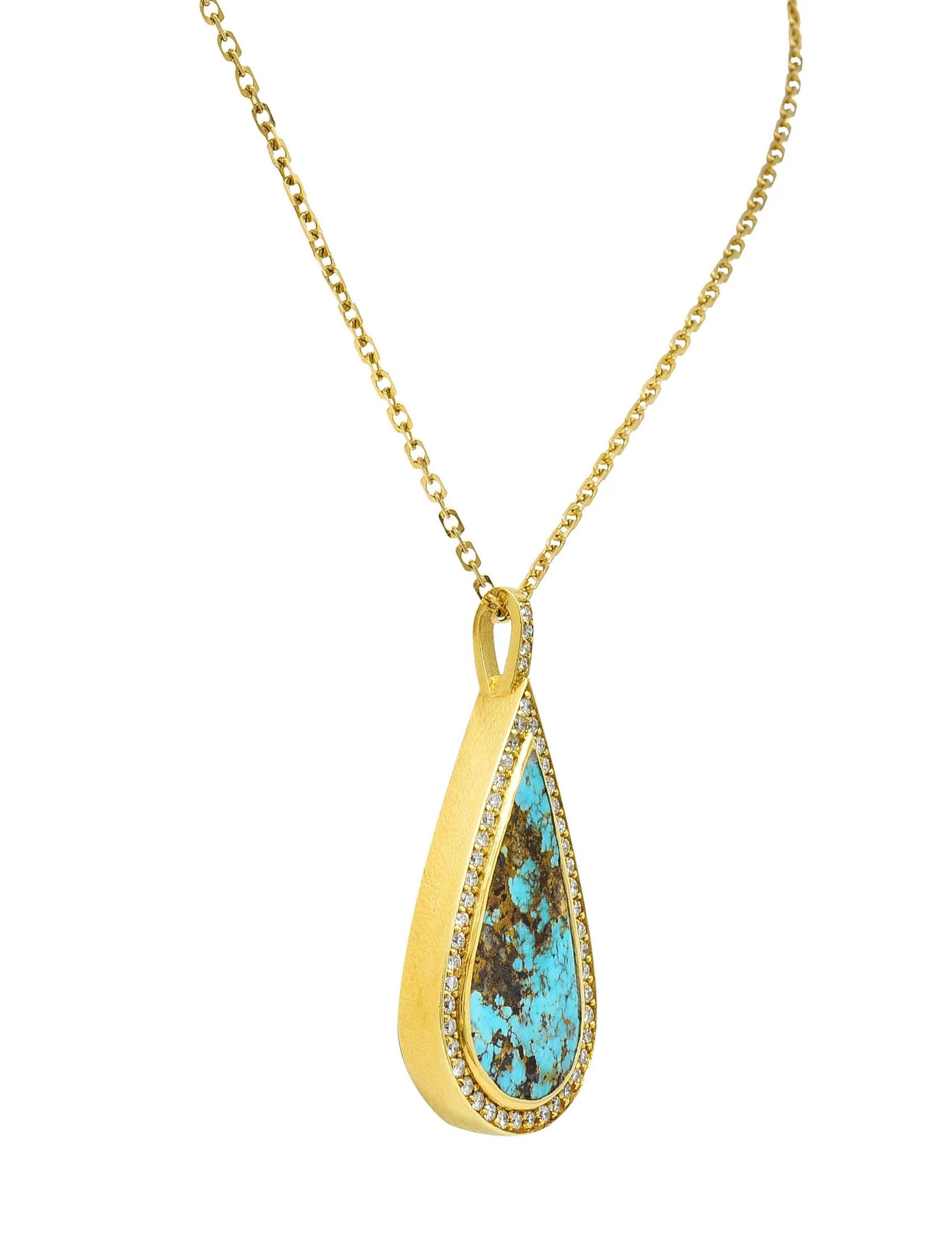 Vintage Turquoise 1.25 CTW Diamond 18 Karat Gold Drop Pendant Necklace - Image 3