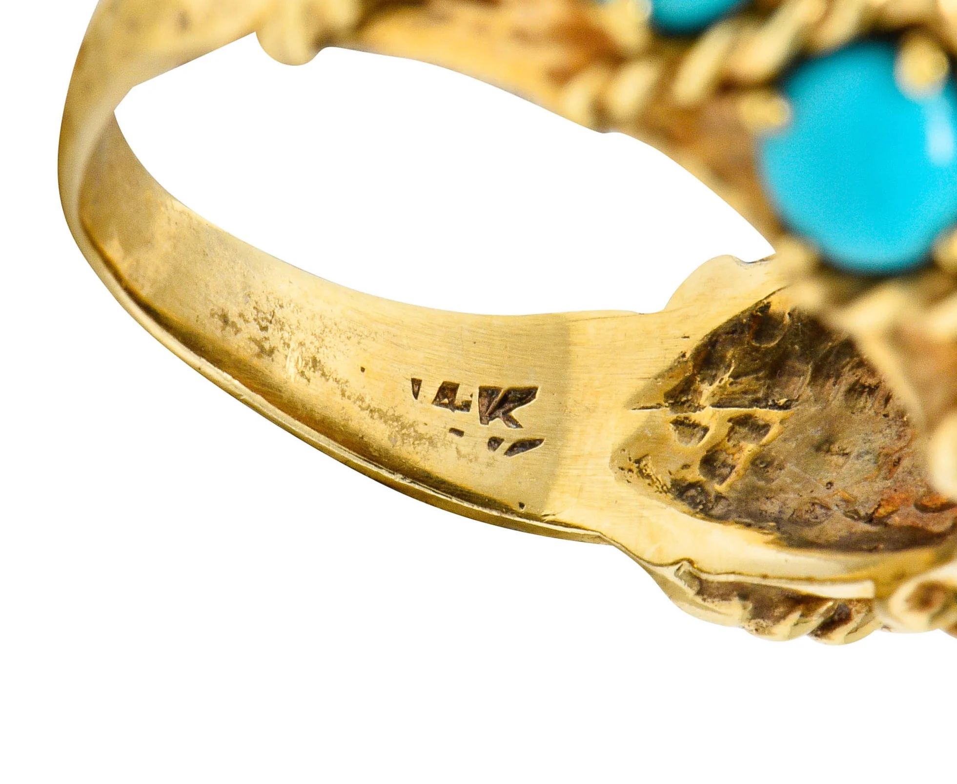 Vintage Turquoise Diamond 14 Karat Gold Cluster Bombe Band Ring - Image 10