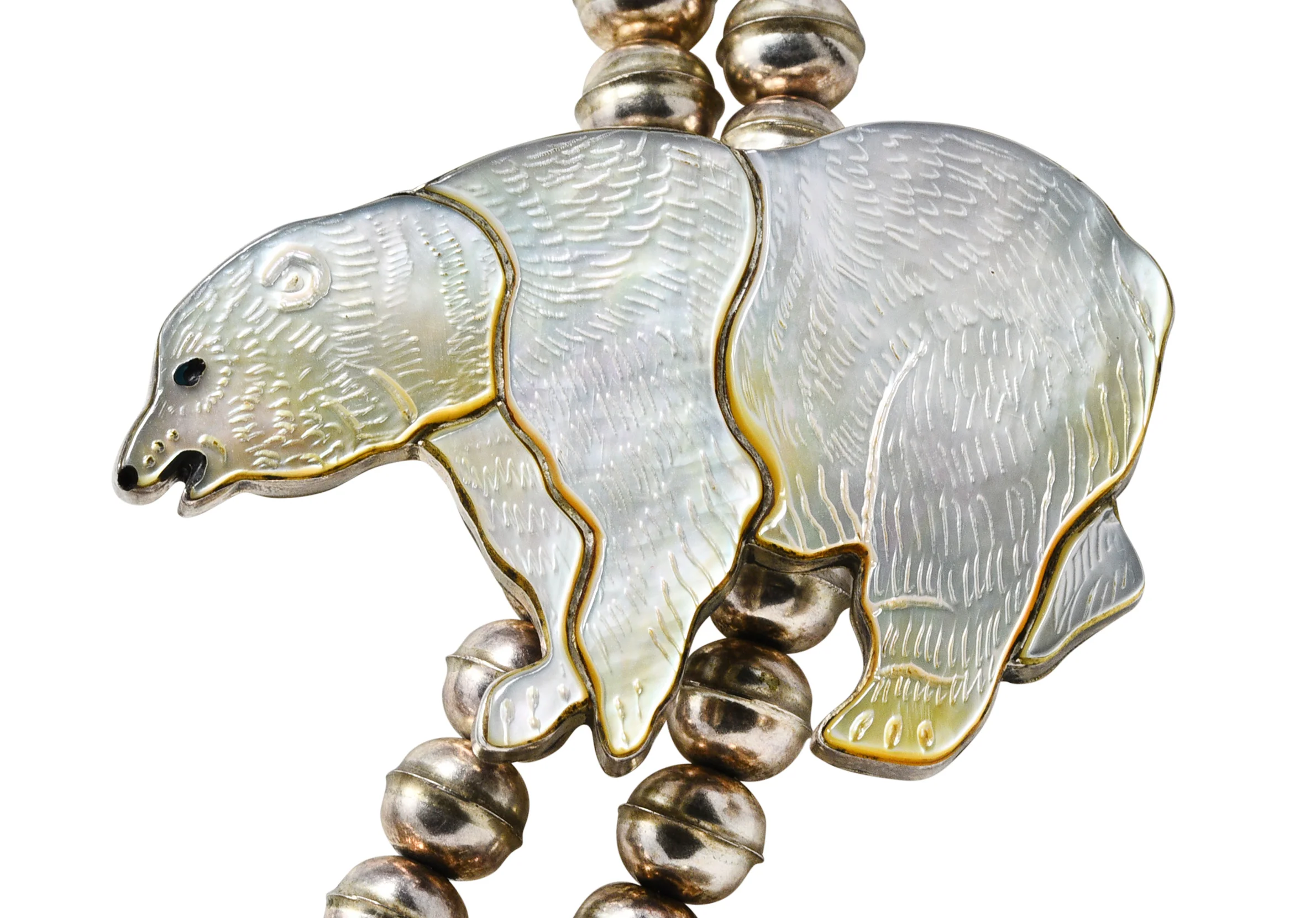 Virgil & Shirley Benn 1970's Mother-Of-Pearl Inlay Sterling Silver Beaded Vintage Zuni Animal Squash Blossom Style Necklace - Image 10
