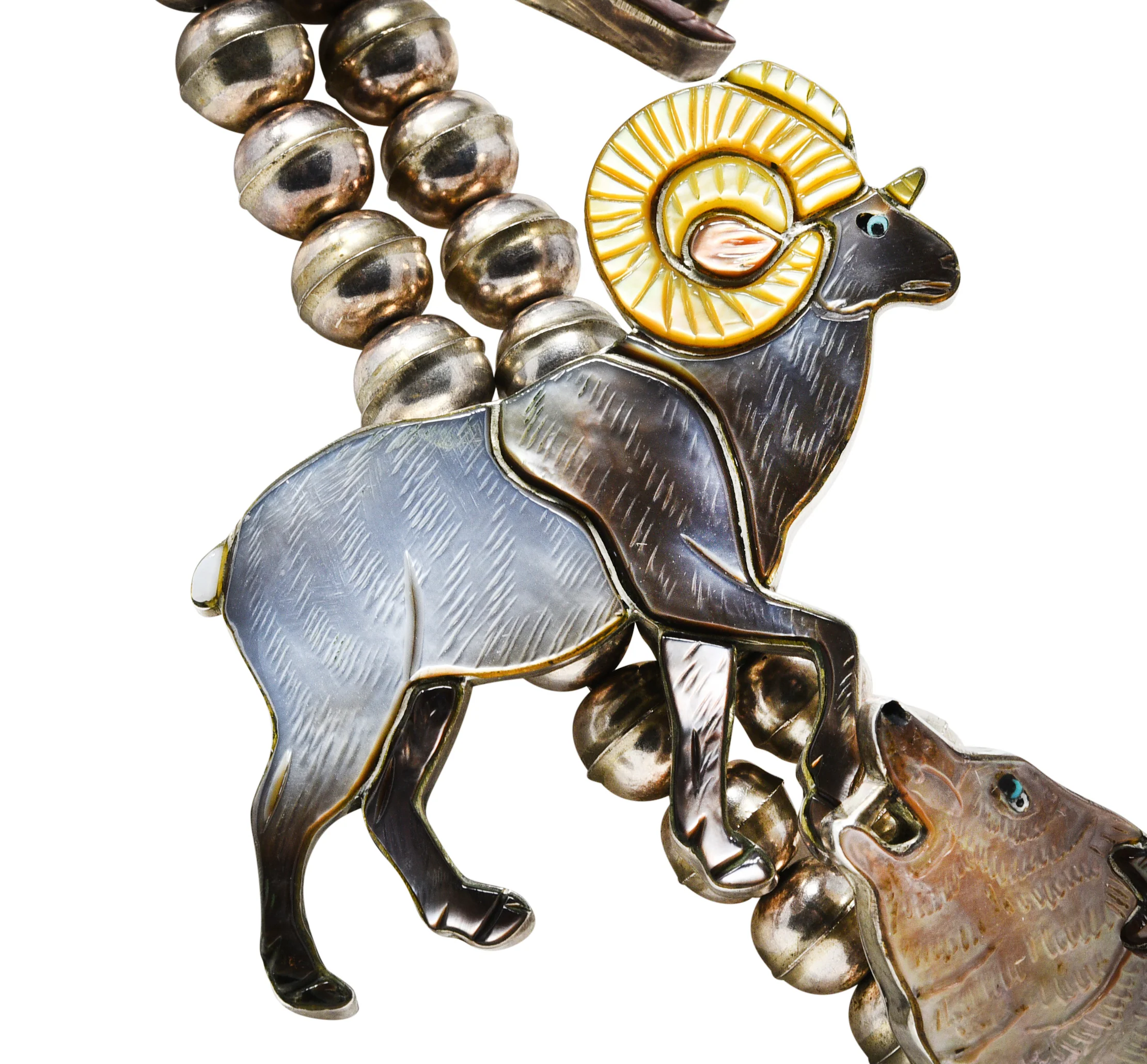 Virgil & Shirley Benn 1970's Mother-Of-Pearl Inlay Sterling Silver Beaded Vintage Zuni Animal Squash Blossom Style Necklace - Image 11