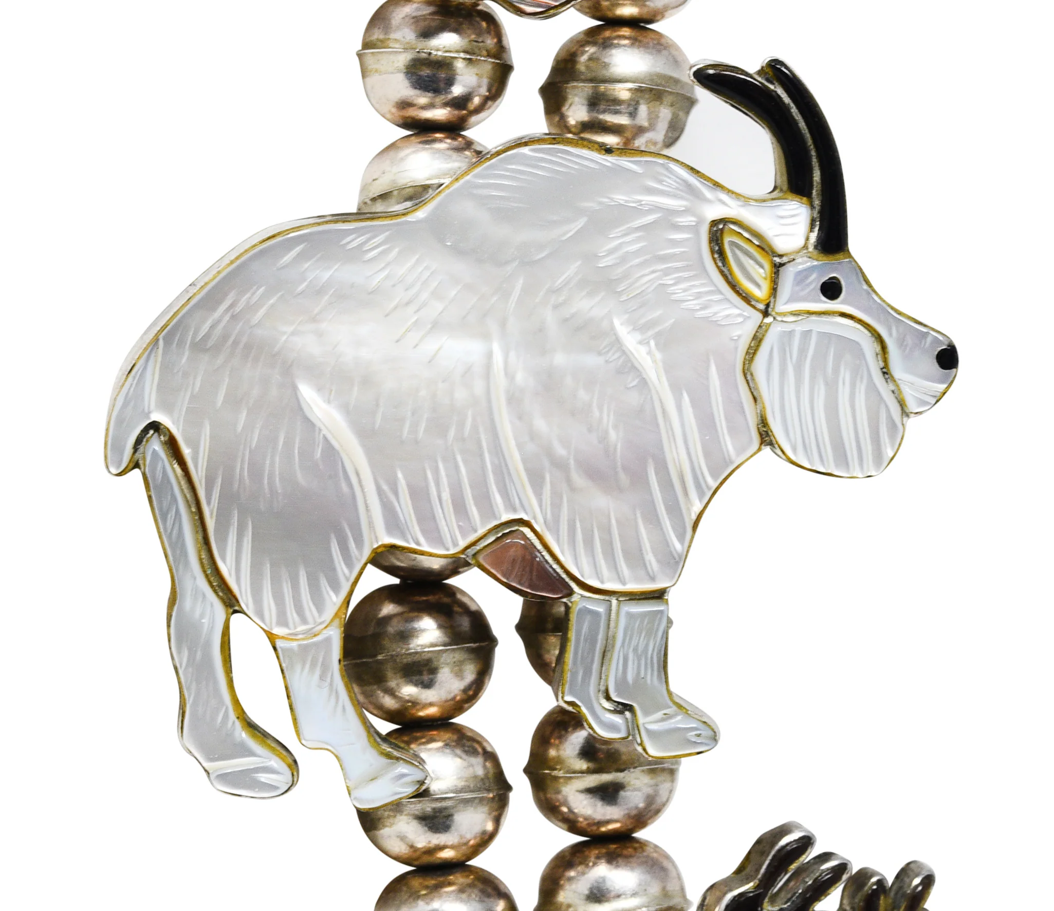Virgil & Shirley Benn 1970's Mother-Of-Pearl Inlay Sterling Silver Beaded Vintage Zuni Animal Squash Blossom Style Necklace - Image 12