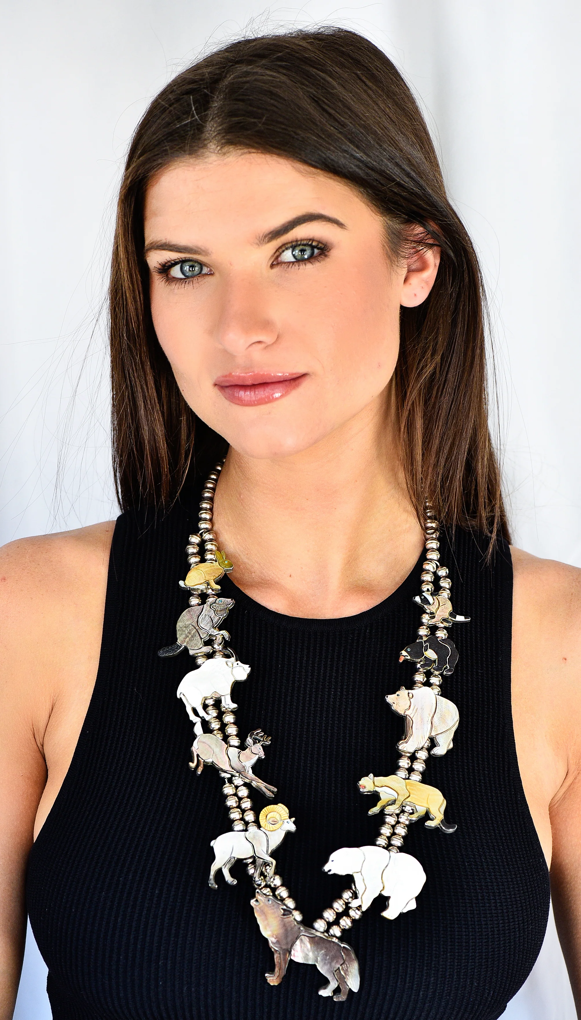 Virgil & Shirley Benn 1970's Mother-Of-Pearl Inlay Sterling Silver Beaded Vintage Zuni Animal Squash Blossom Style Necklace - Image 15