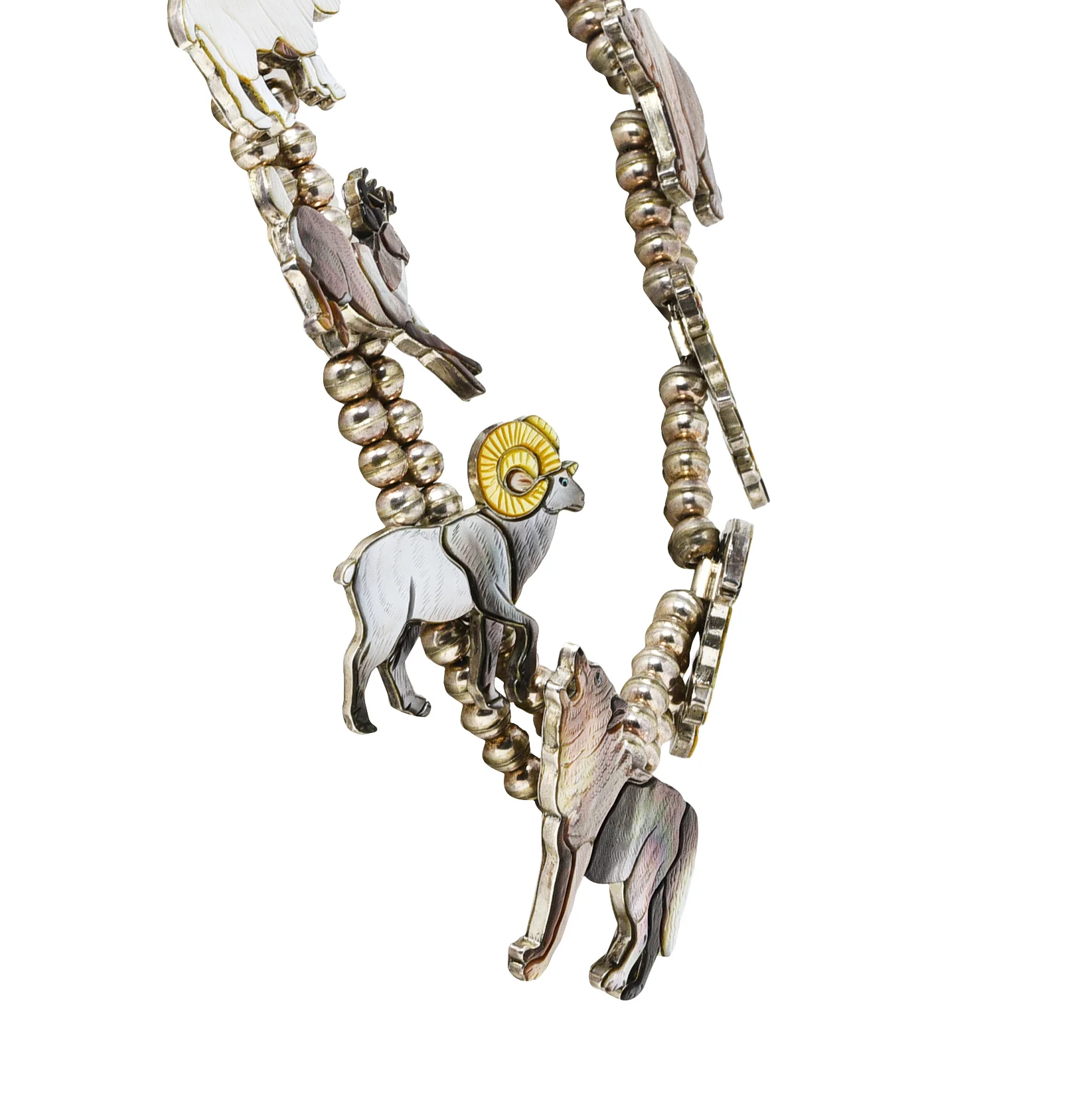Virgil & Shirley Benn 1970's Mother-Of-Pearl Inlay Sterling Silver Beaded Vintage Zuni Animal Squash Blossom Style Necklace - Image 4
