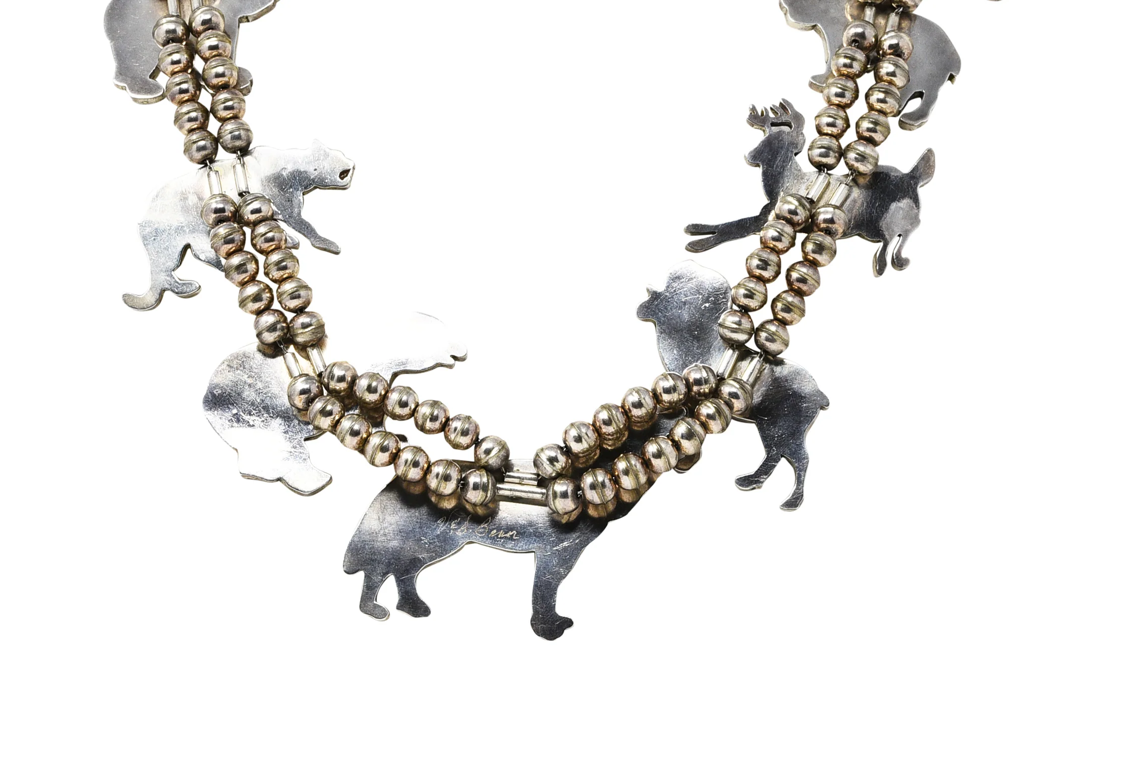 Virgil & Shirley Benn 1970's Mother-Of-Pearl Inlay Sterling Silver Beaded Vintage Zuni Animal Squash Blossom Style Necklace - Image 5