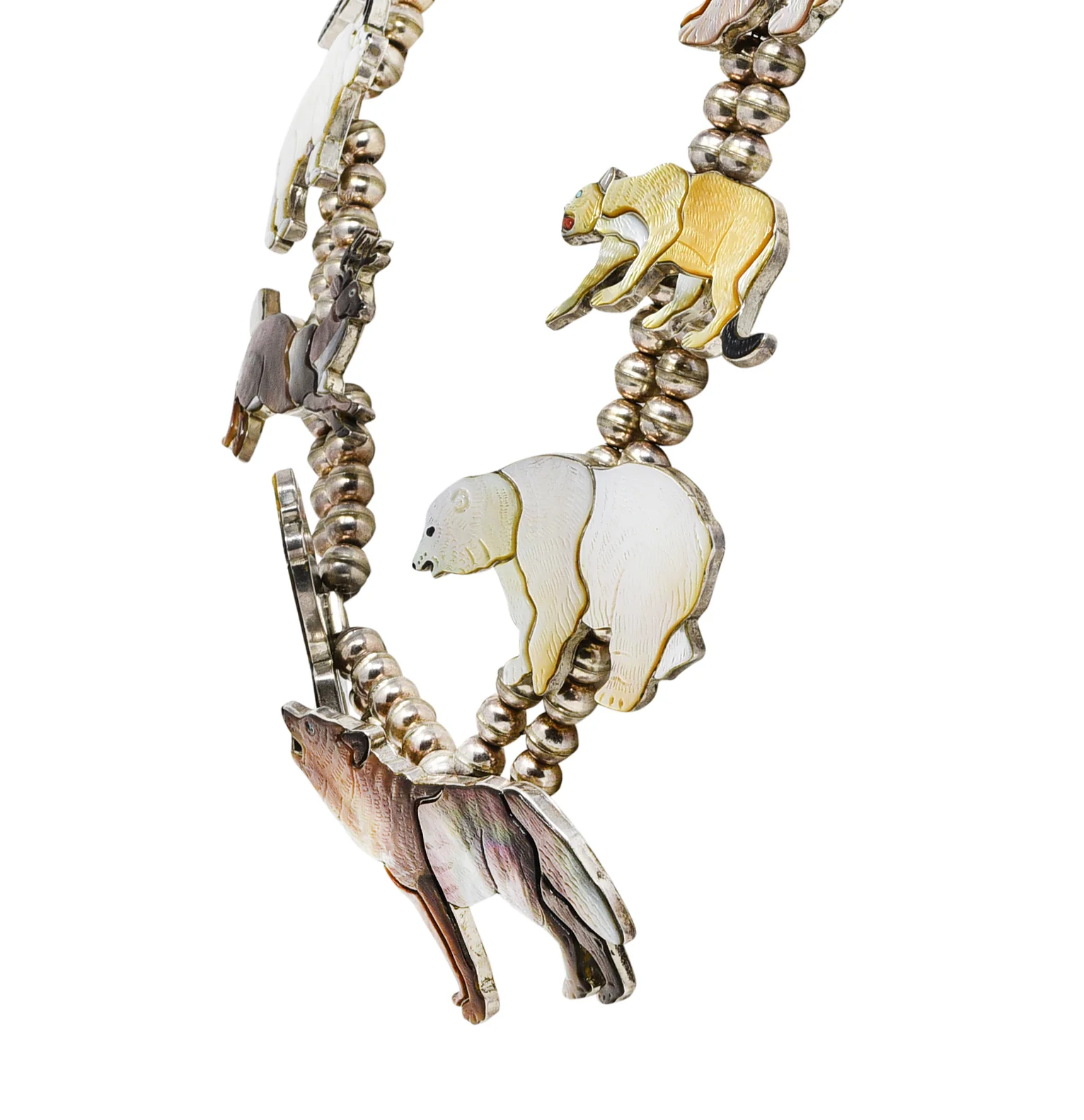 Virgil & Shirley Benn 1970's Mother-Of-Pearl Inlay Sterling Silver Beaded Vintage Zuni Animal Squash Blossom Style Necklace - Image 6