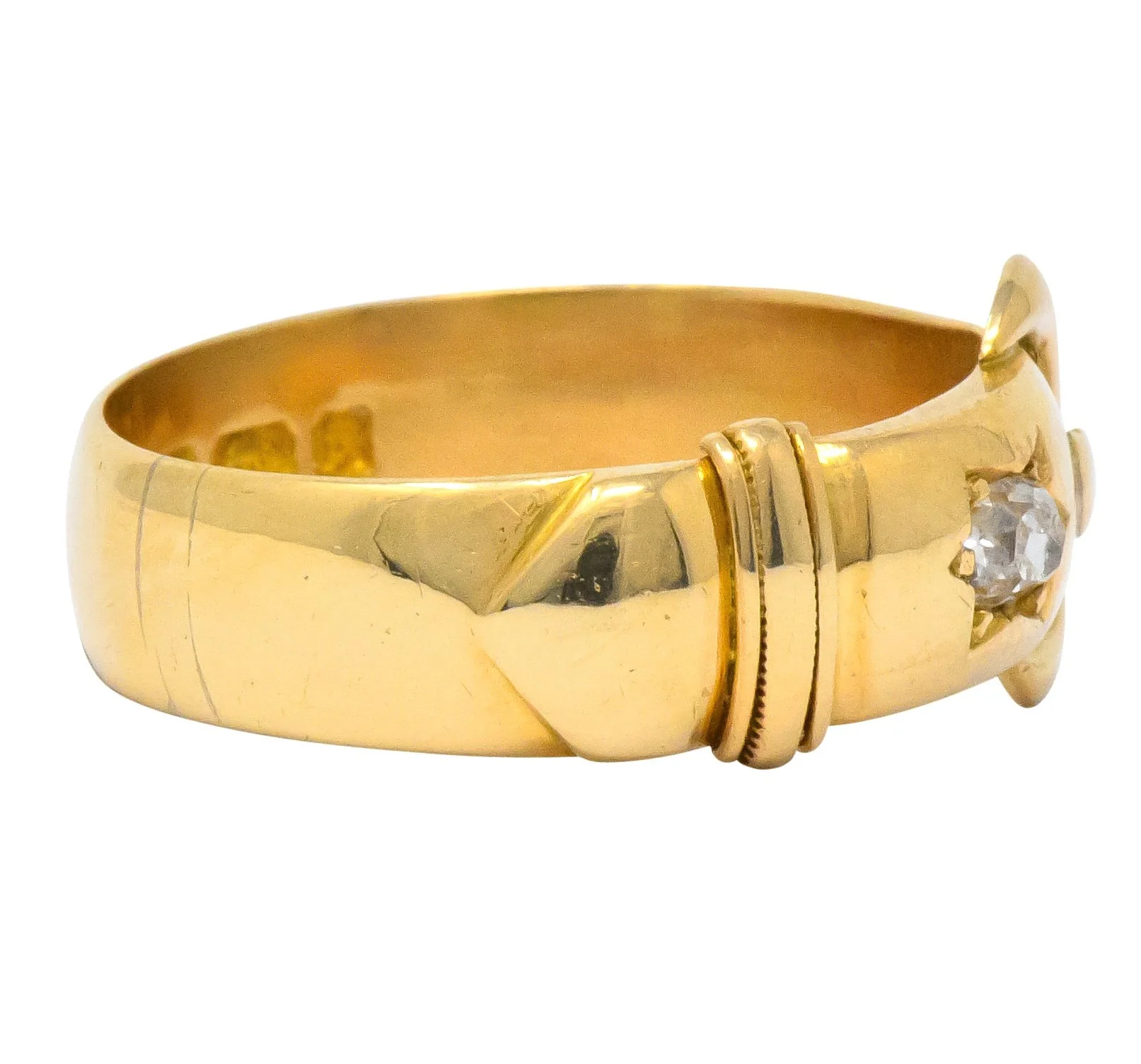 Walker & Hall Victorian Old Mine Diamond 18 Karat Gold Buckle Band Ring - Image 3