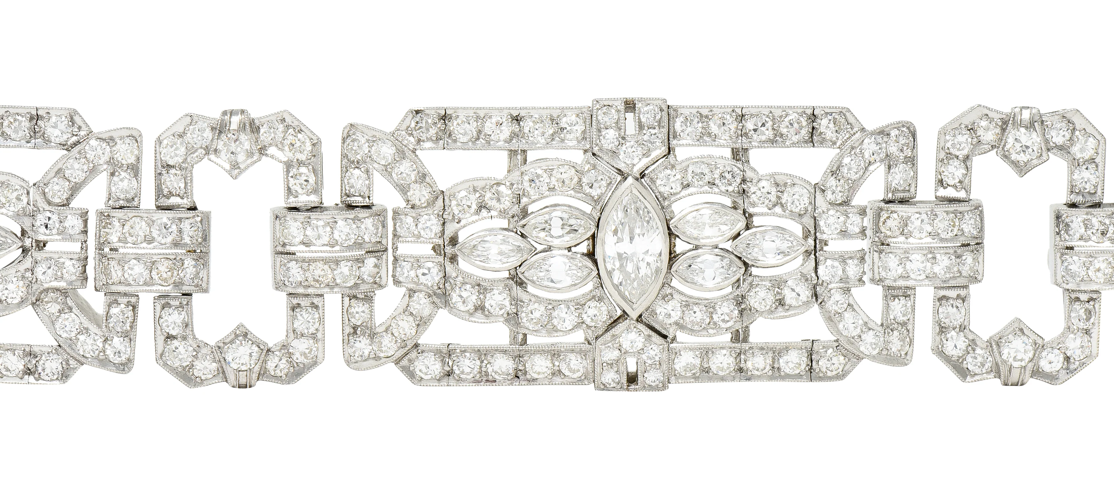 Waslikoff Art Deco 19.10 CTW Marquise Cut Diamond Platinum Geometric Wide Strap Link Bracelet - Image 6