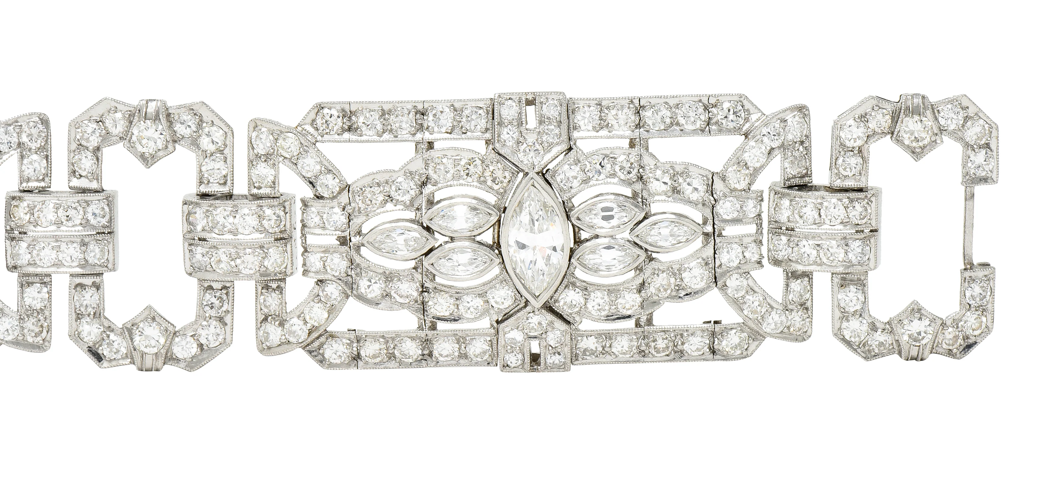 Waslikoff Art Deco 19.10 CTW Marquise Cut Diamond Platinum Geometric Wide Strap Link Bracelet - Image 7