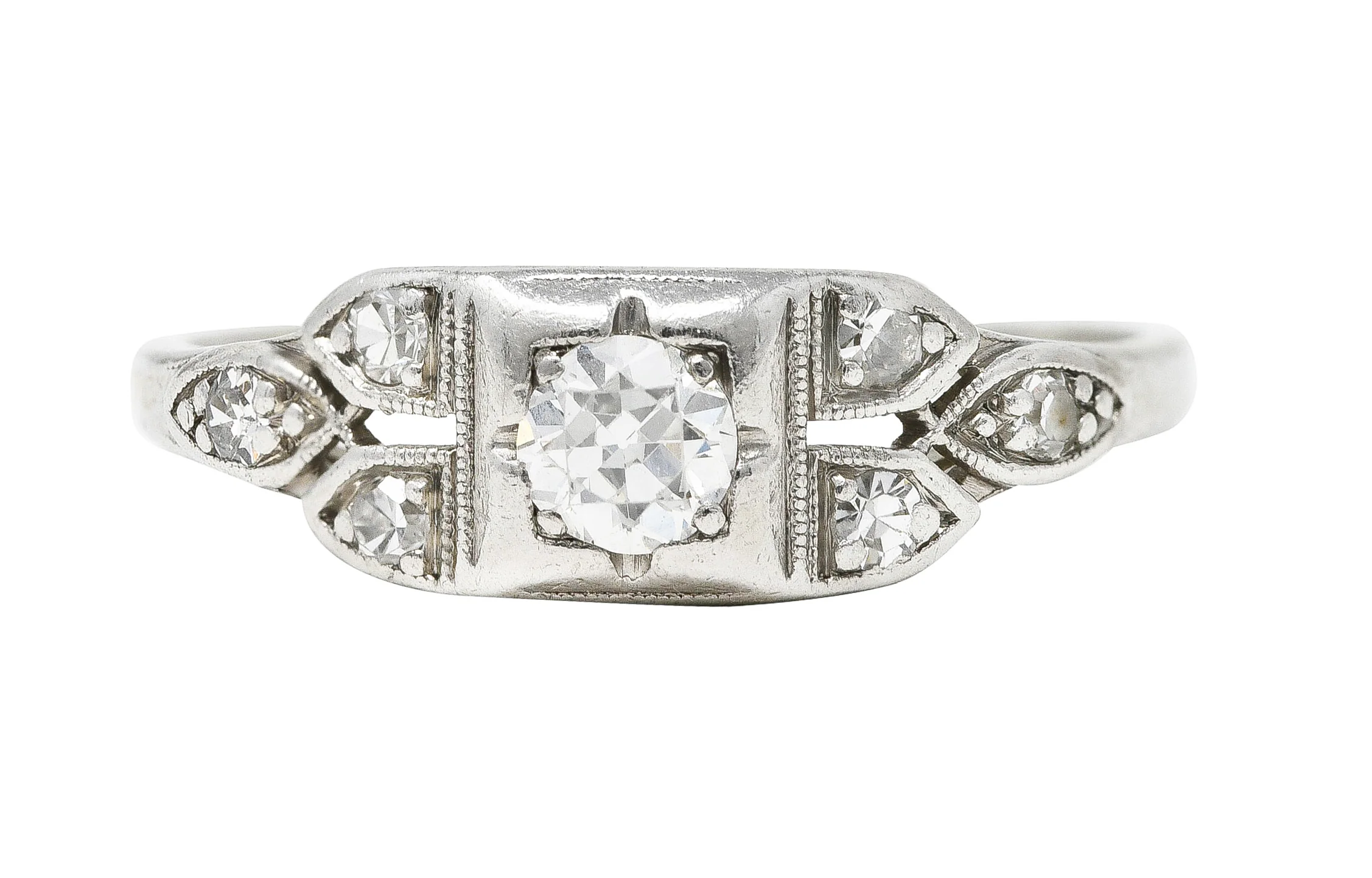 Wheeler & Co. 0.32 CTW Late Art Deco Old European Cut Diamond Platinum Foliate Engagement Ring