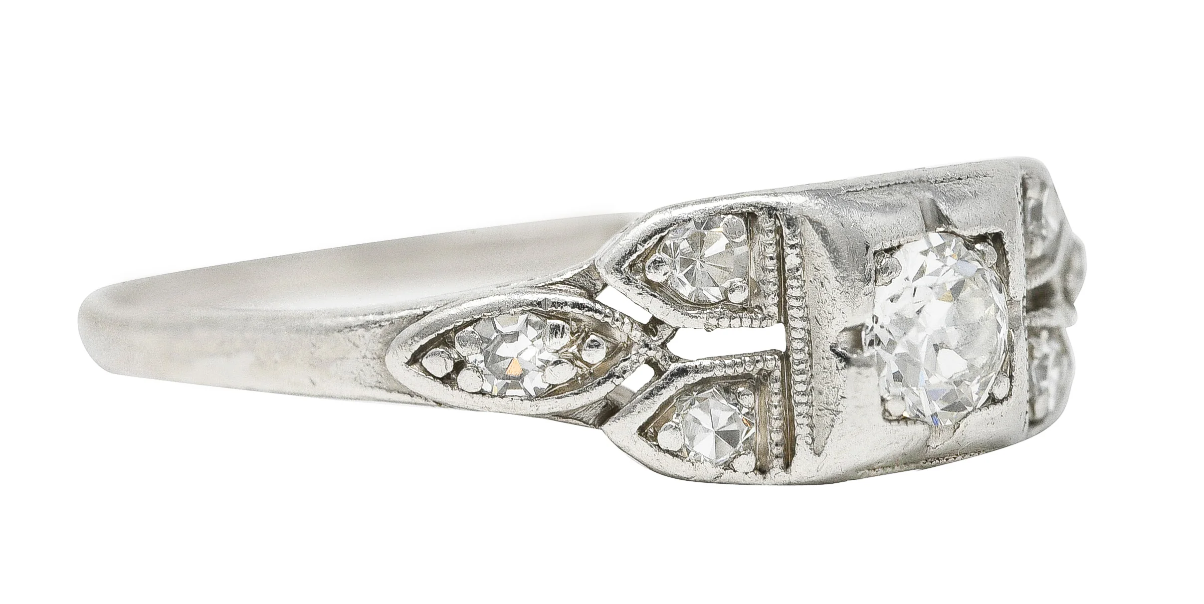 Wheeler & Co. 0.32 CTW Late Art Deco Old European Cut Diamond Platinum Foliate Engagement Ring - Image 2
