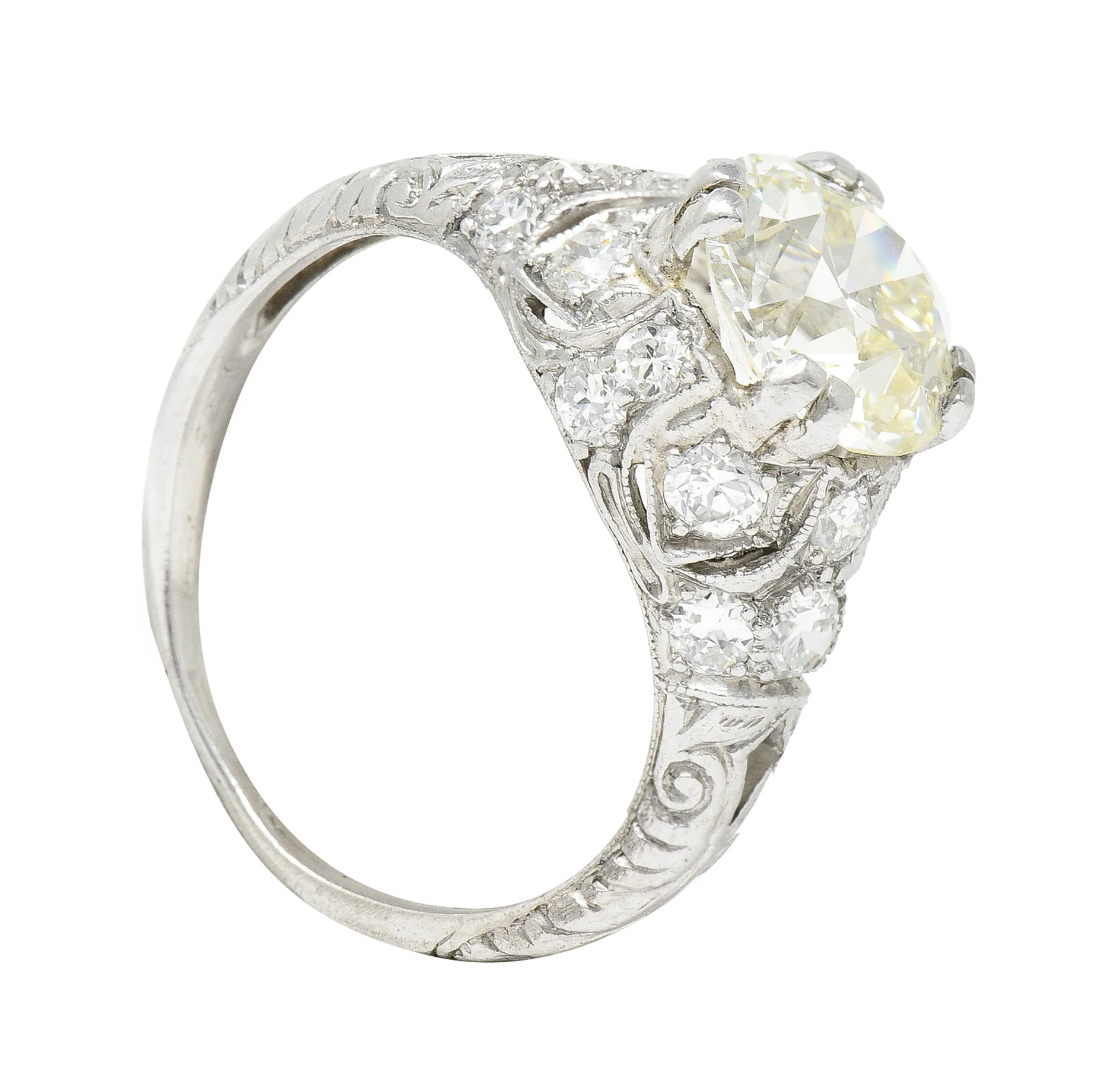 Wheeler & Co. Art Deco 3.16 CTW Old European Cut Diamond Platinum Scrolling Engagement Ring - Image 11